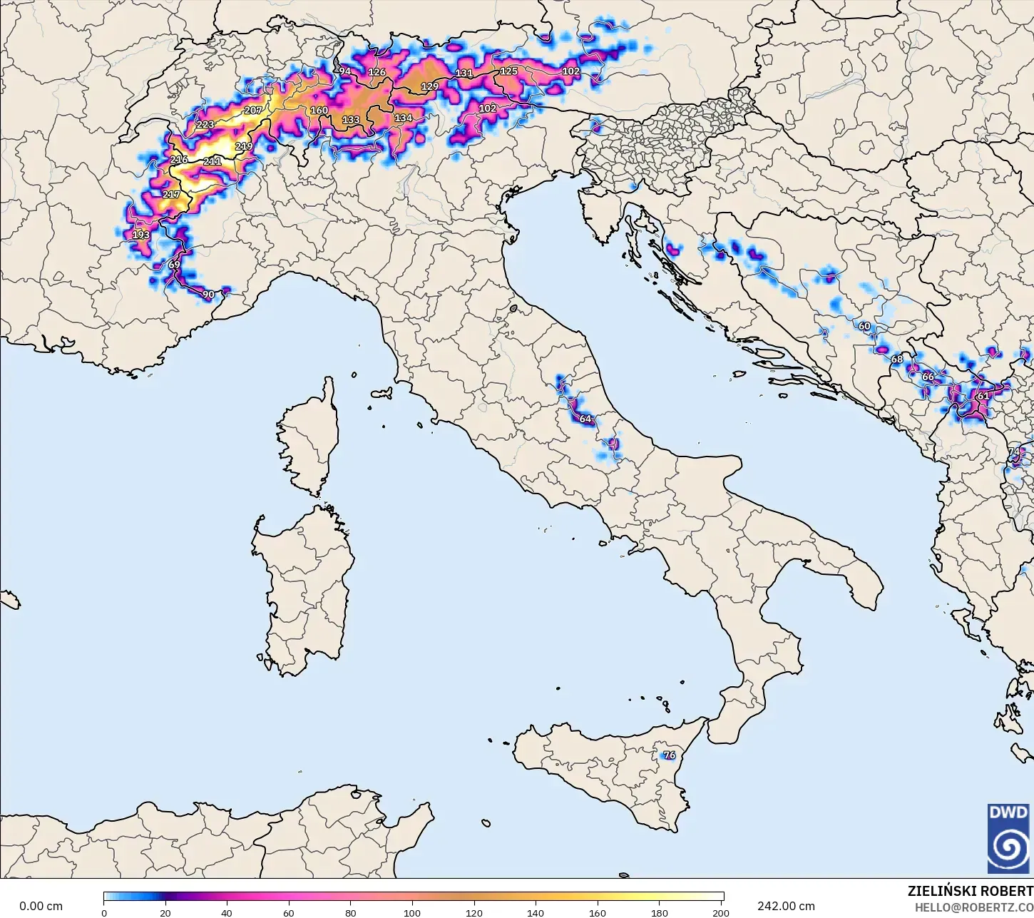 ICON modelo - Italia, Profundidad de nieve