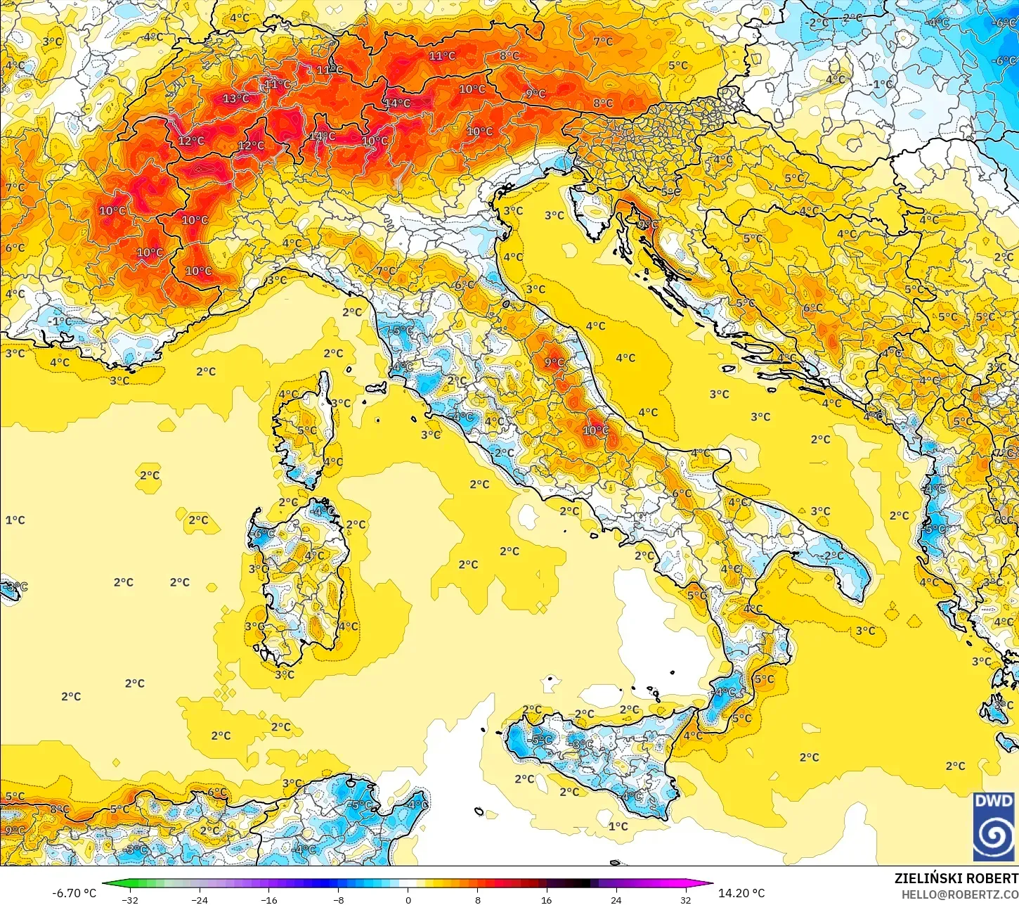 ICON modelo - Italia, Anomalía de temperatura a 2 m