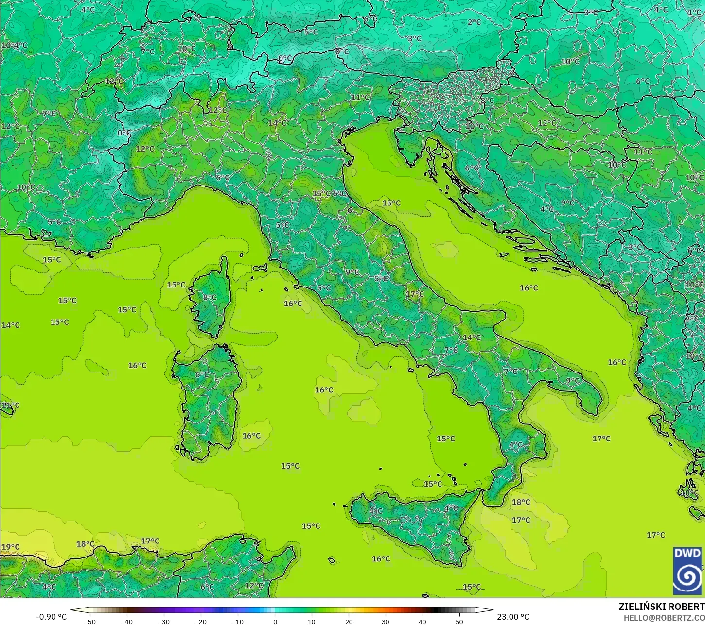 ICON modelo - Italia, Temperatura a 2 m