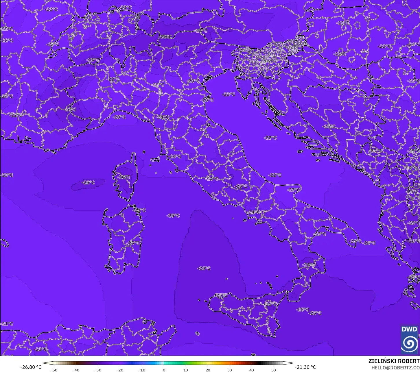 ICON modelo - Italia, Temperatura a 500 hPa