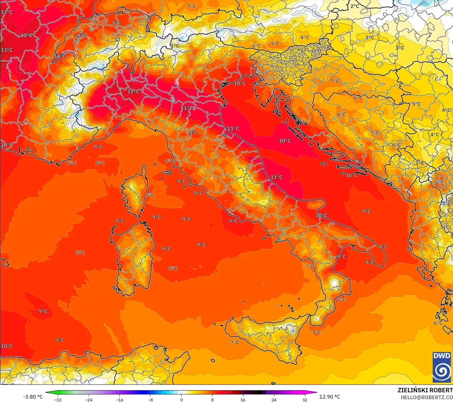 ICON modelo - Italia, Anomalía de temperatura a 850 hPa