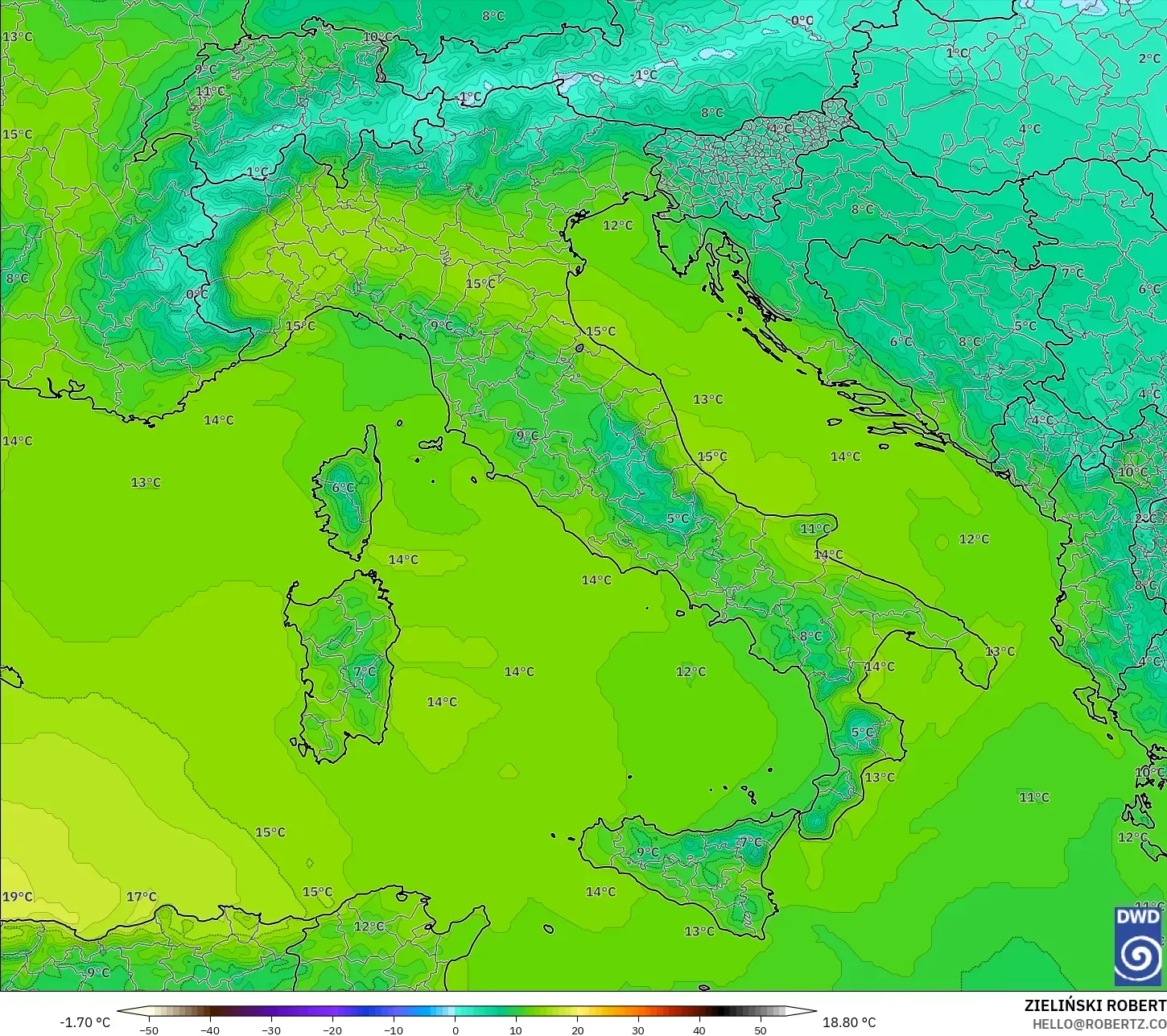 ICON modelo - Italia, Temperatura a 850 hPa