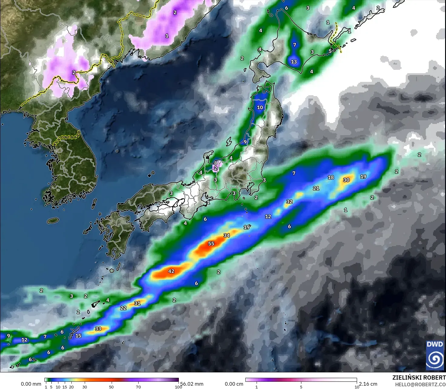 ICON modelo - Japón, Precipitación, nubes y presión