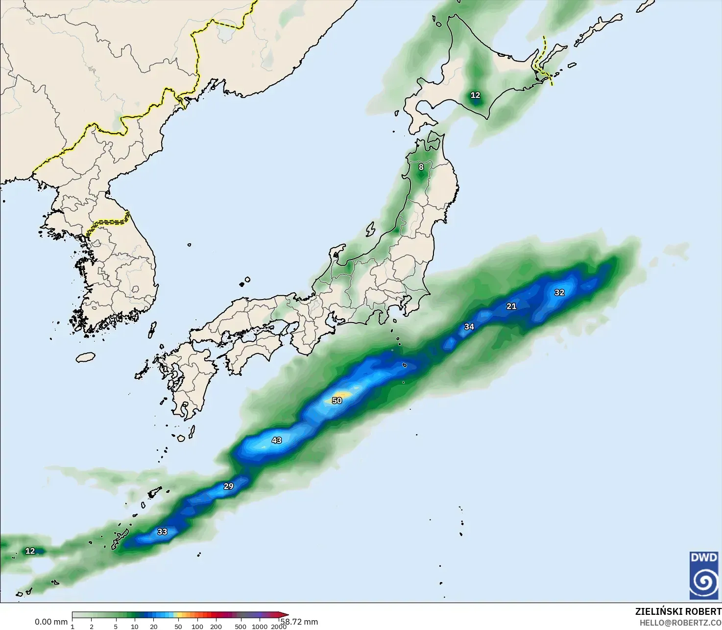 ICON modelo - Japón, Acumulación de precipitación