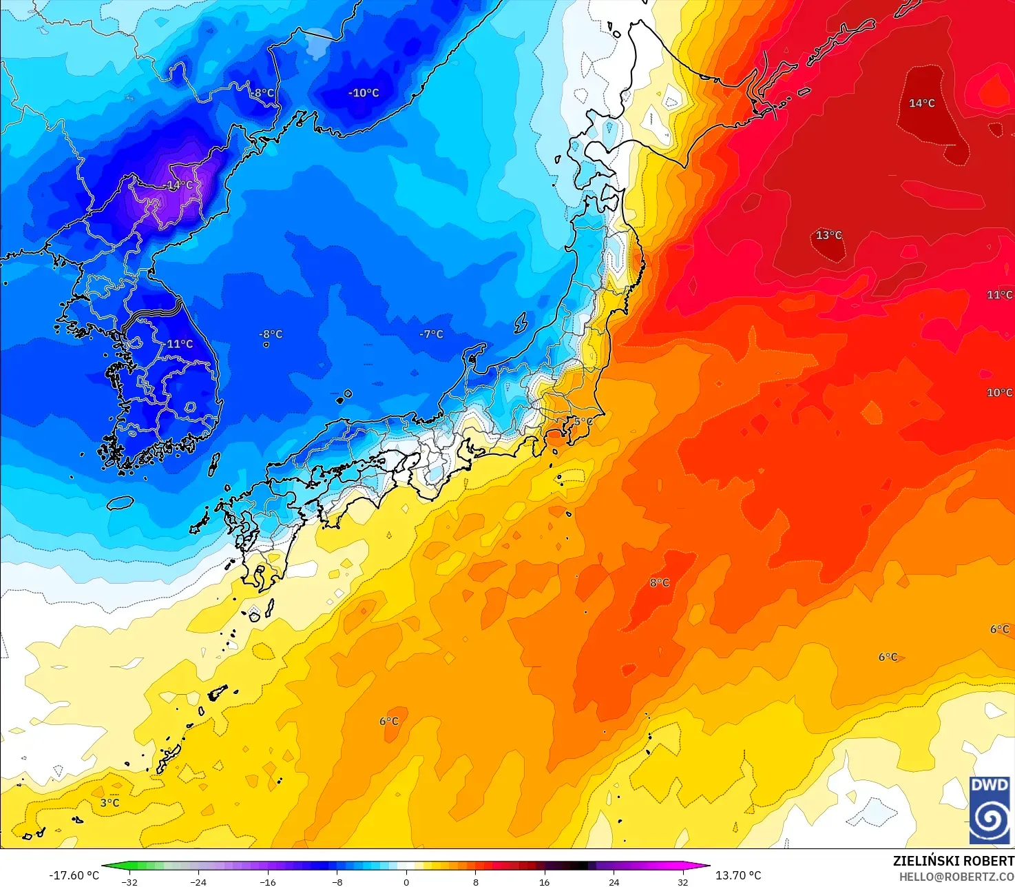 ICON modelo - Japón, Anomalía de temperatura a 850 hPa