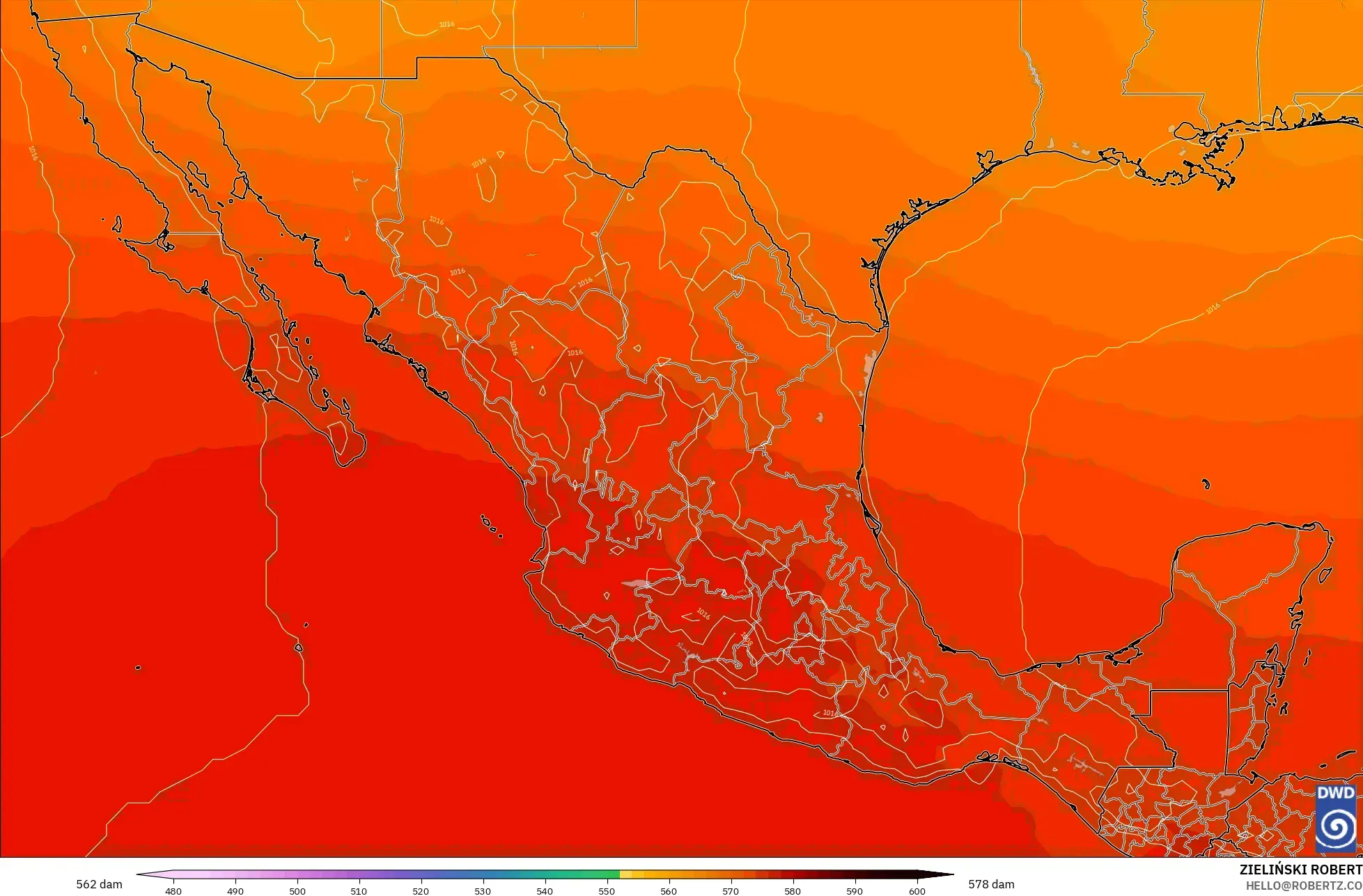ICON modelo - México, Altura geopotencial a 500 hPa