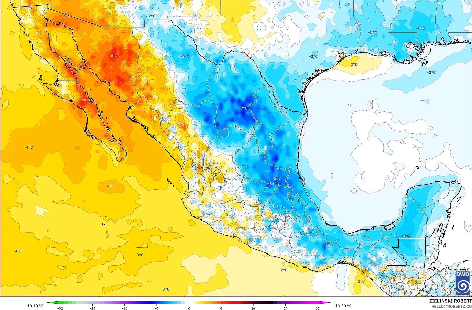 ICON modelo - México, Anomalía de temperatura a 2 m