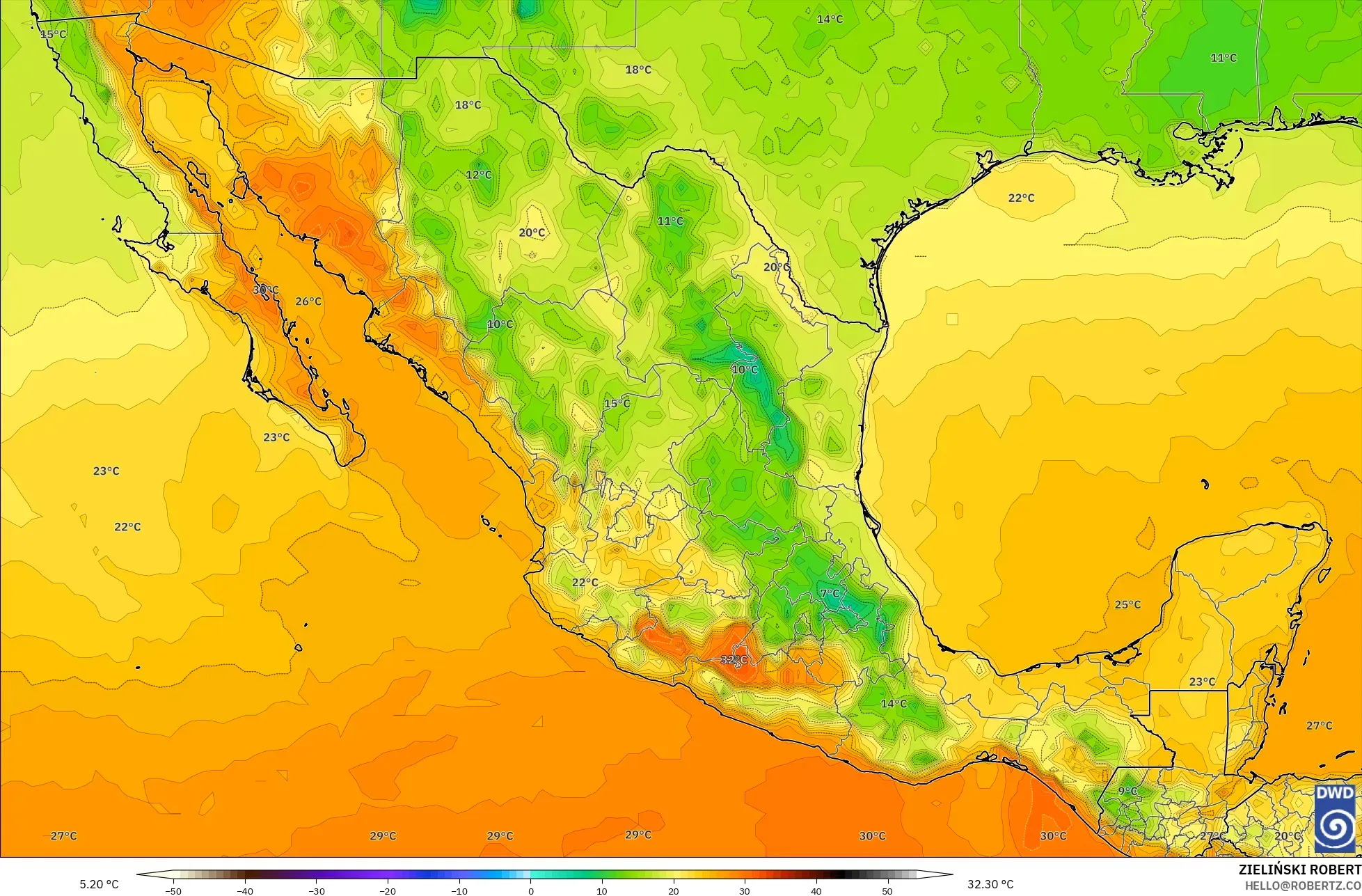 ICON modelo - México, Temperatura a 2 m