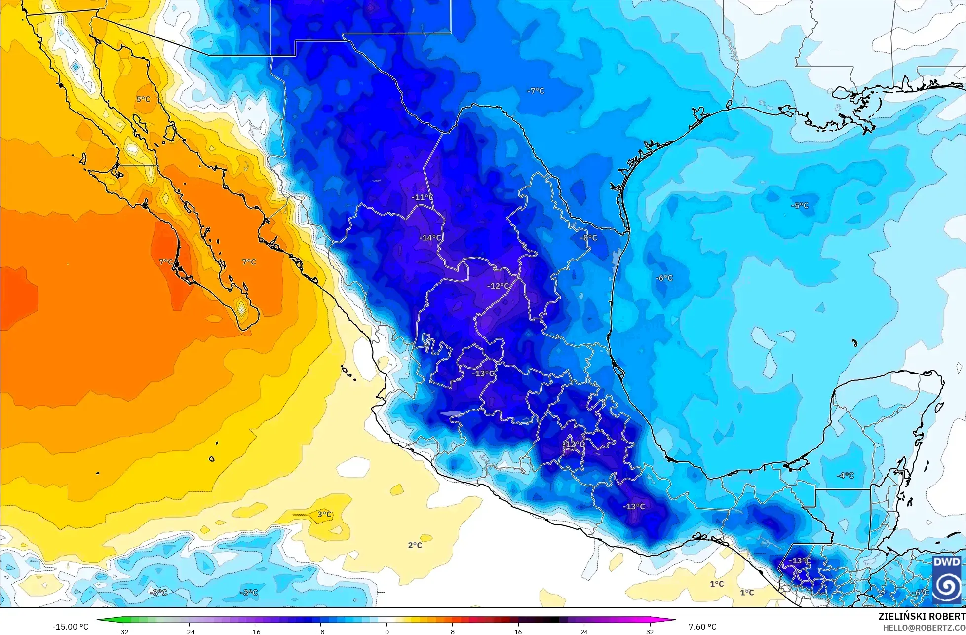 ICON modelo - México, Anomalía de temperatura a 850 hPa