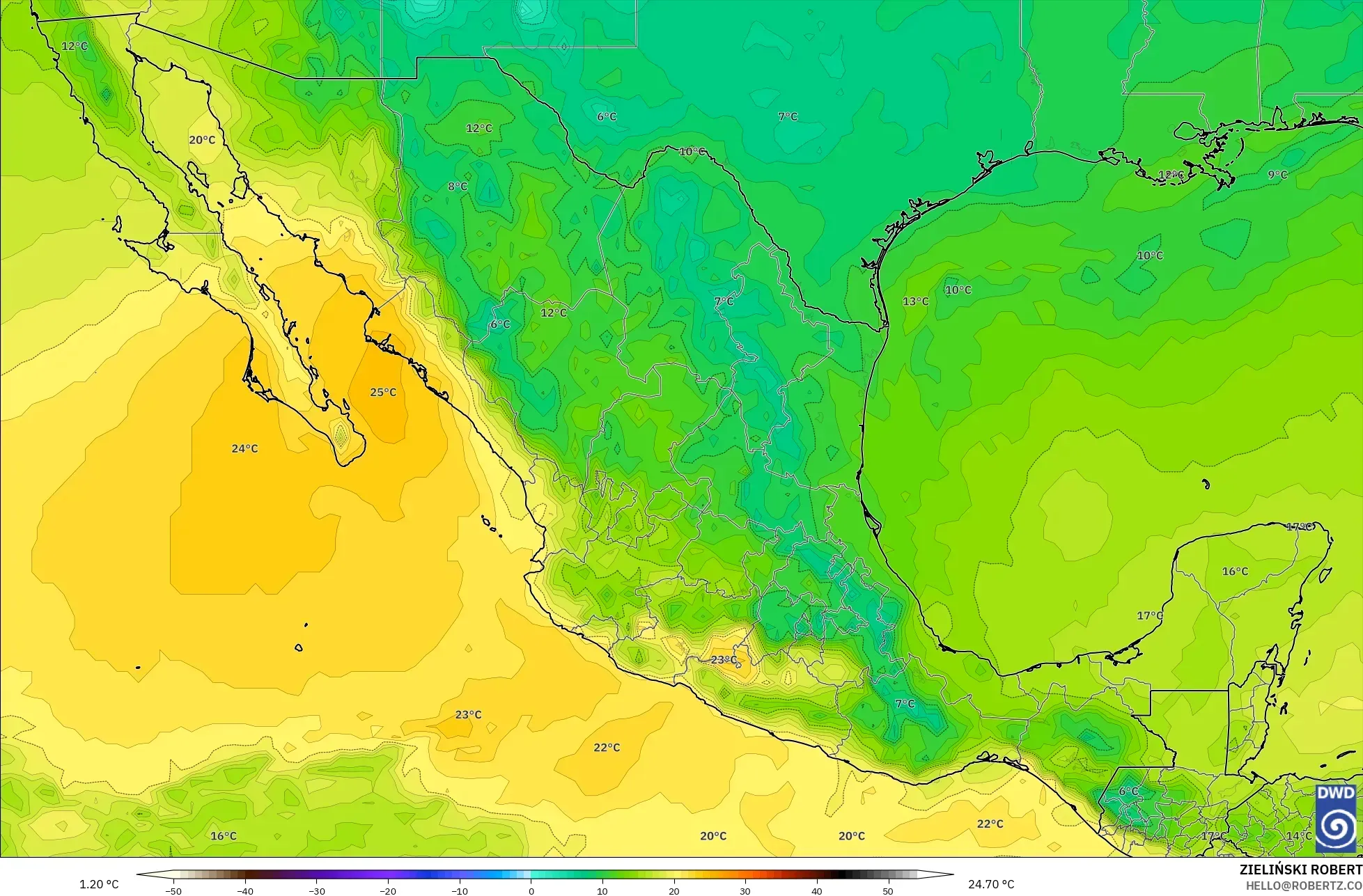 ICON modelo - México, Temperatura a 850 hPa