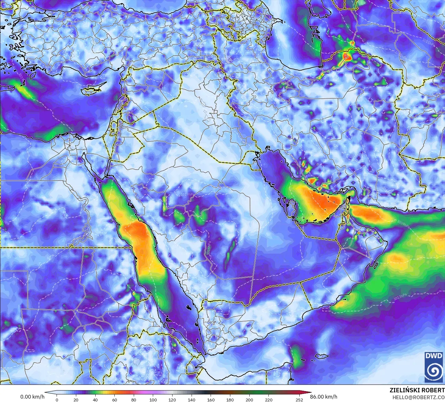 ICON modelo - Oriente Medio, Ráfagas de Viento Máximas