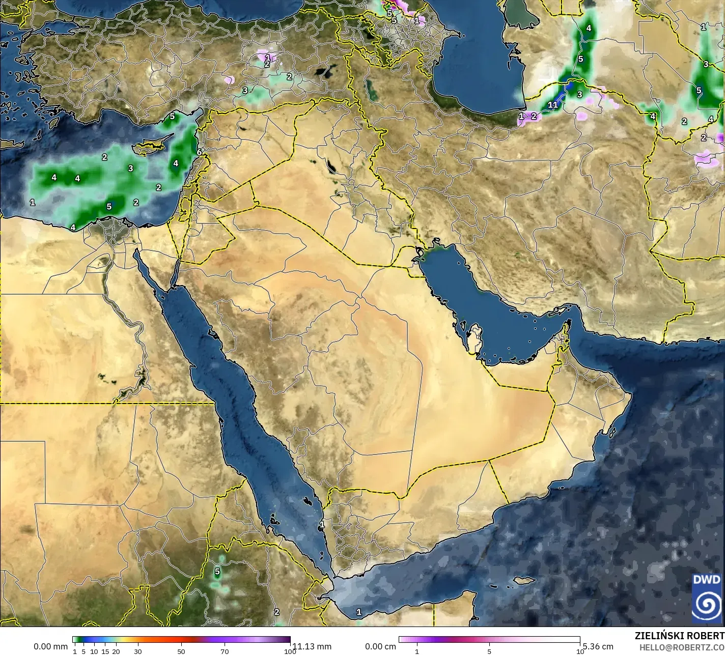 ICON modelo - Oriente Medio, Precipitación, nubes y presión