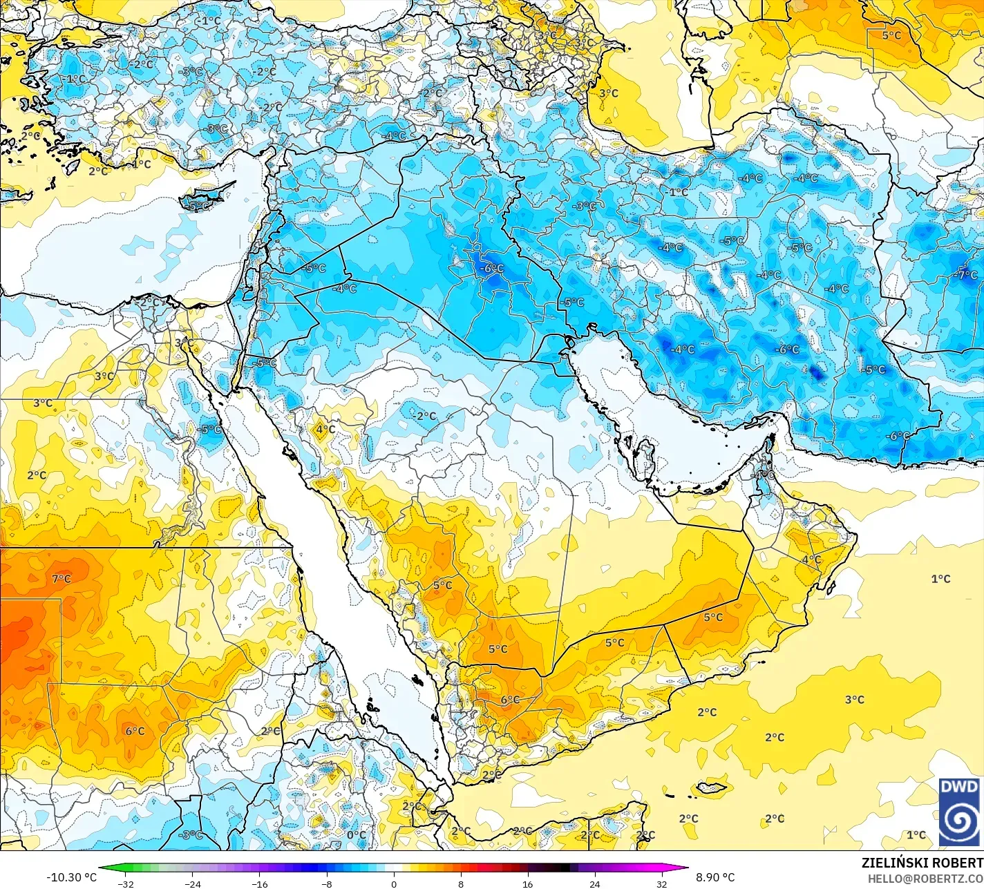 ICON modelo - Oriente Medio, Anomalía de temperatura a 2 m
