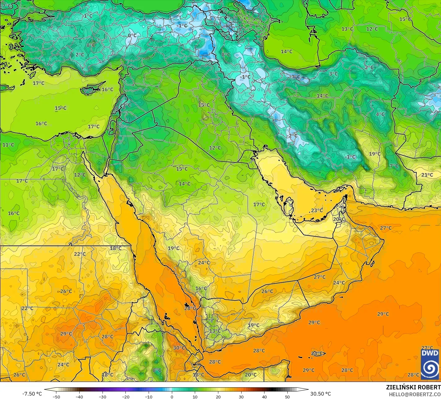ICON modelo - Oriente Medio, Temperatura a 2 m