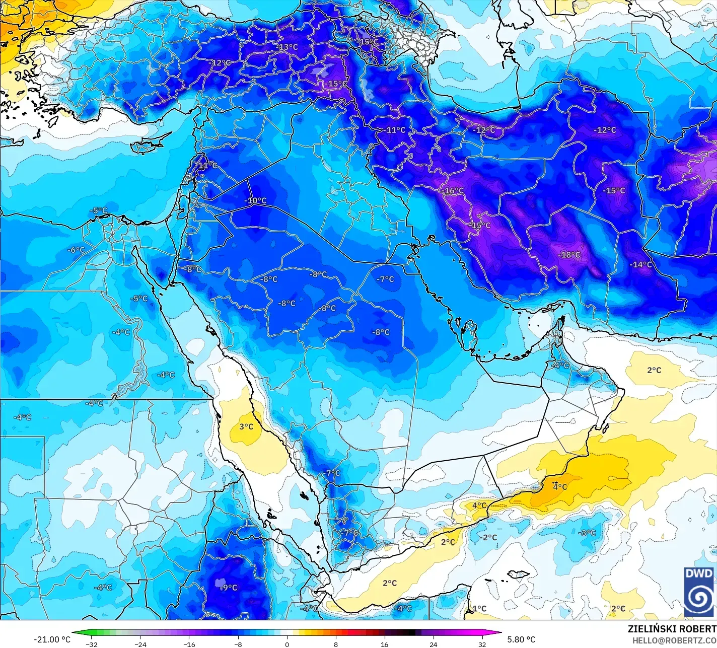 ICON modelo - Oriente Medio, Anomalía de temperatura a 850 hPa