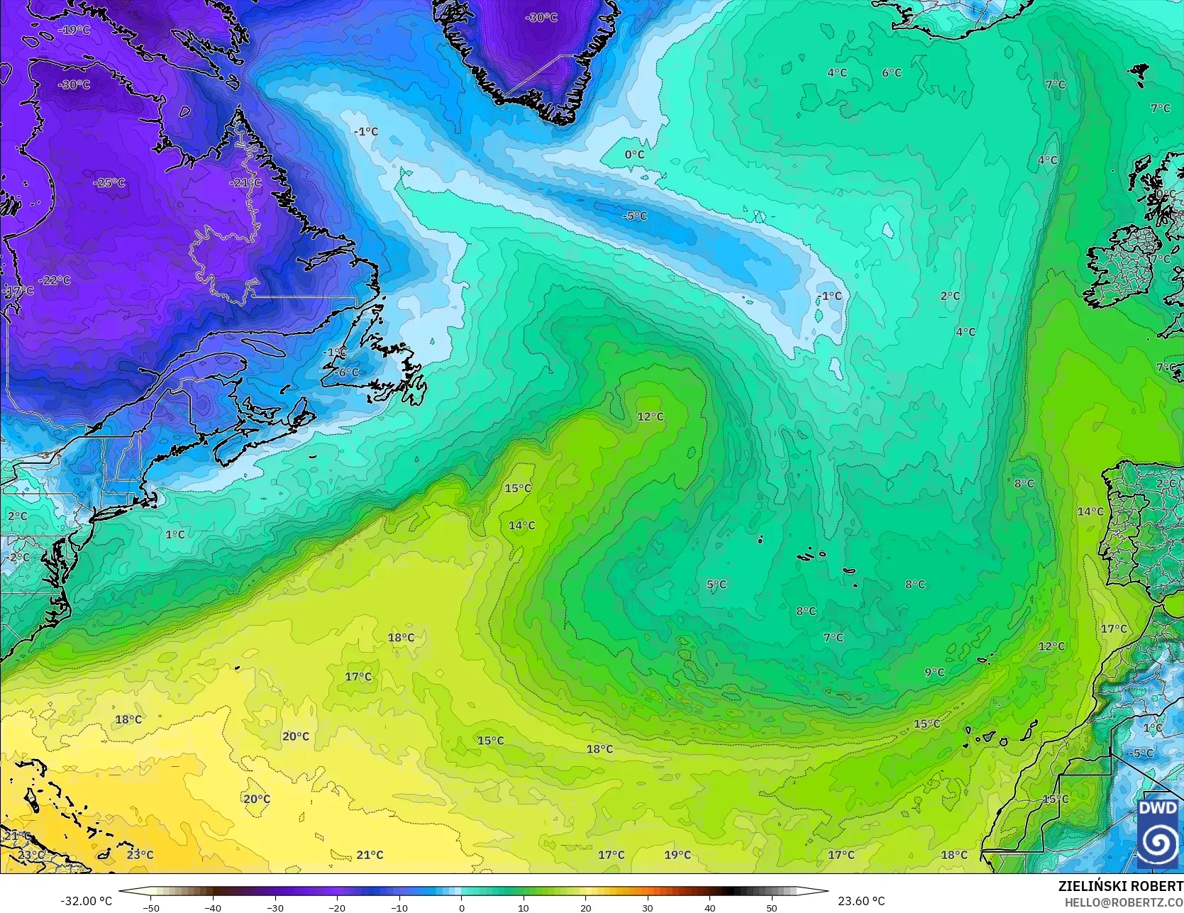 ICON modelo - Norte Atlántico, Punto de rocío a 2 m
