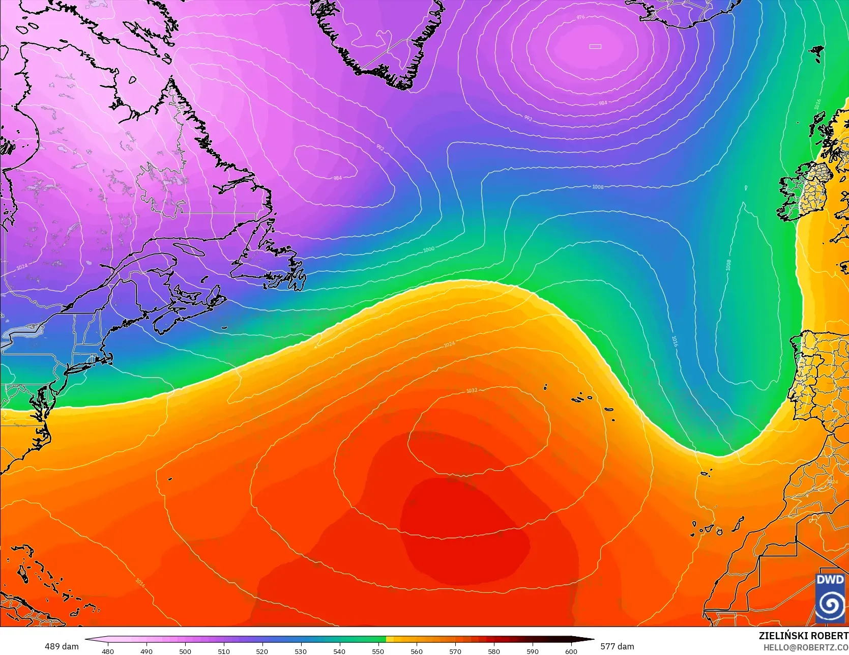ICON modelo - Norte Atlántico, Altura geopotencial a 500 hPa