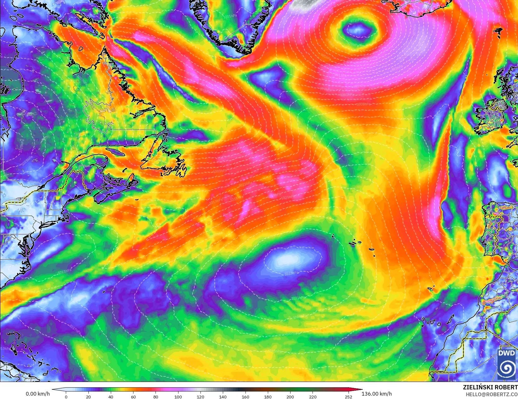 ICON modelo - Norte Atlántico, Ráfagas de viento