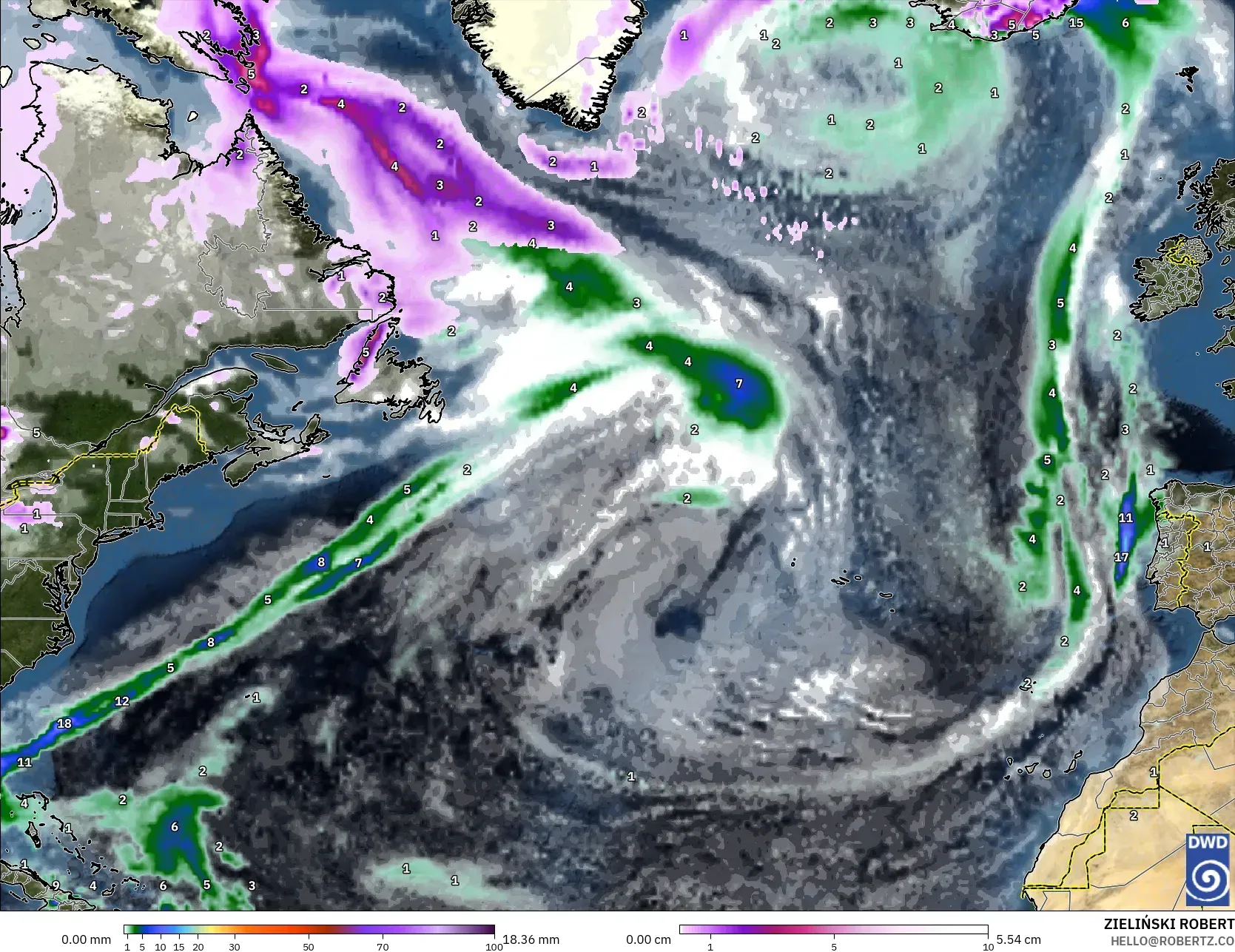 ICON modelo - Norte Atlántico, Precipitación, nubes y presión