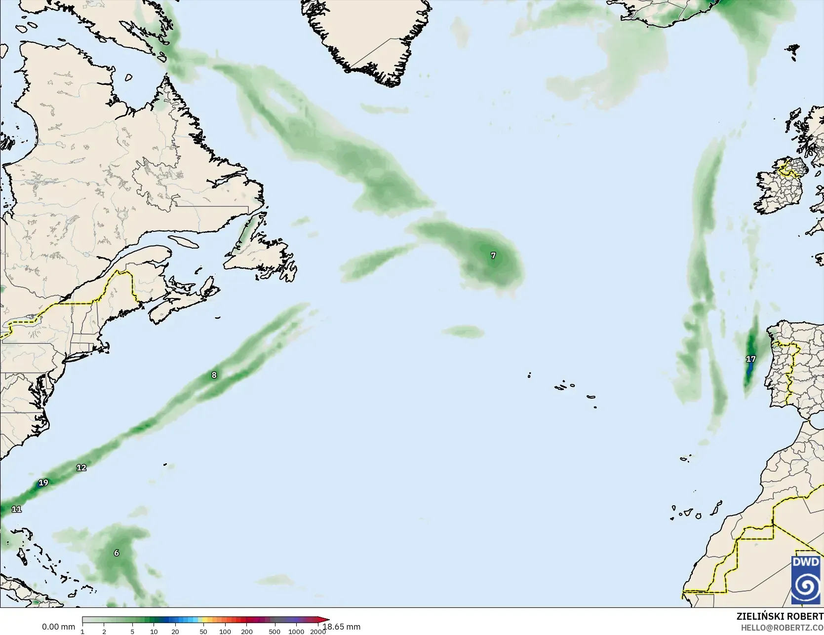 ICON modelo - Norte Atlántico, Acumulación de precipitación