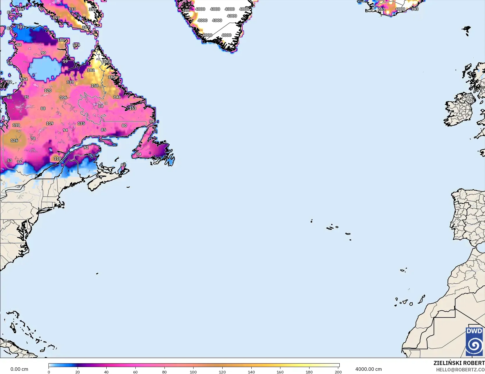 ICON modelo - Norte Atlántico, Profundidad de nieve