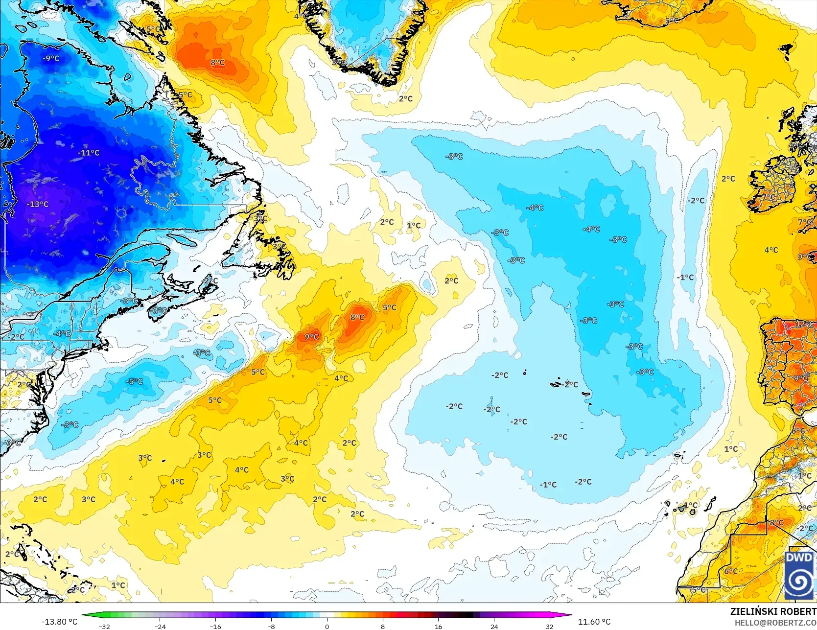 ICON modelo - Norte Atlántico, Anomalía de temperatura a 2 m