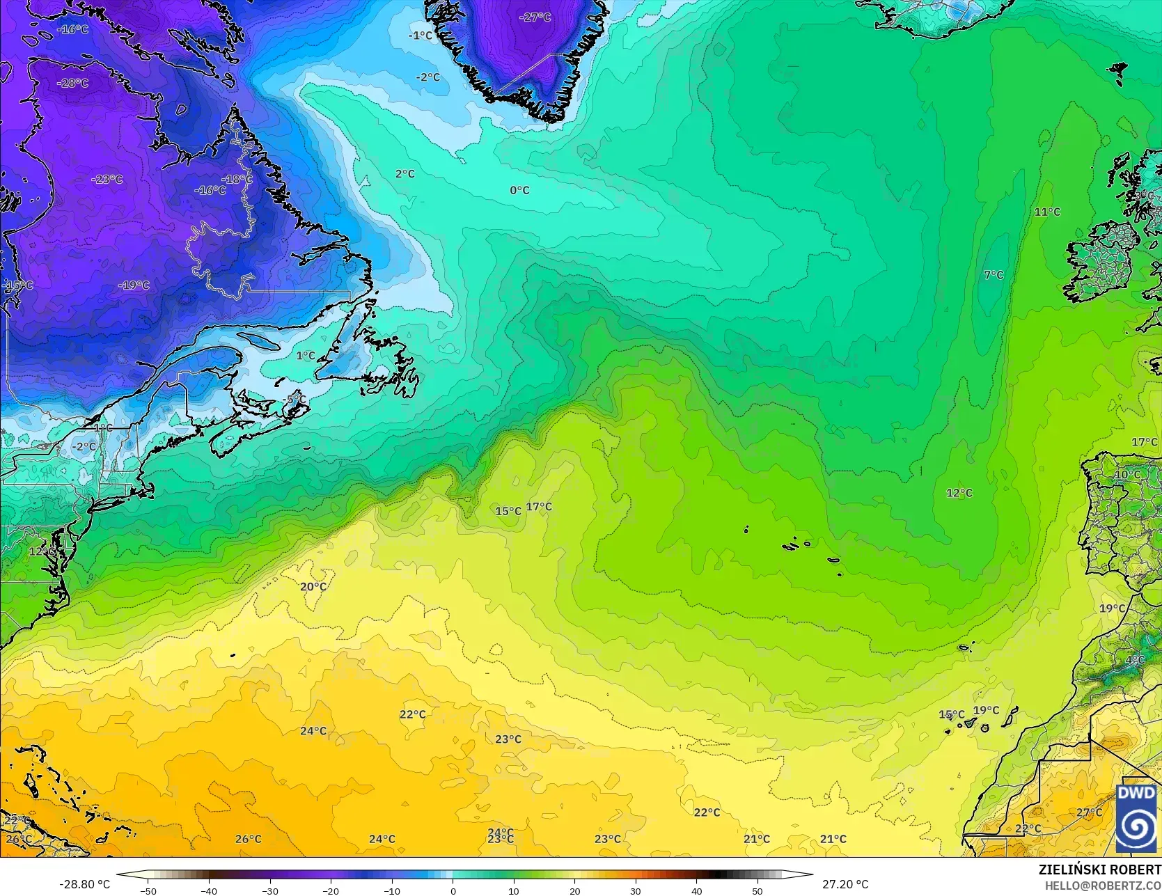 ICON modelo - Norte Atlántico, Temperatura a 2 m