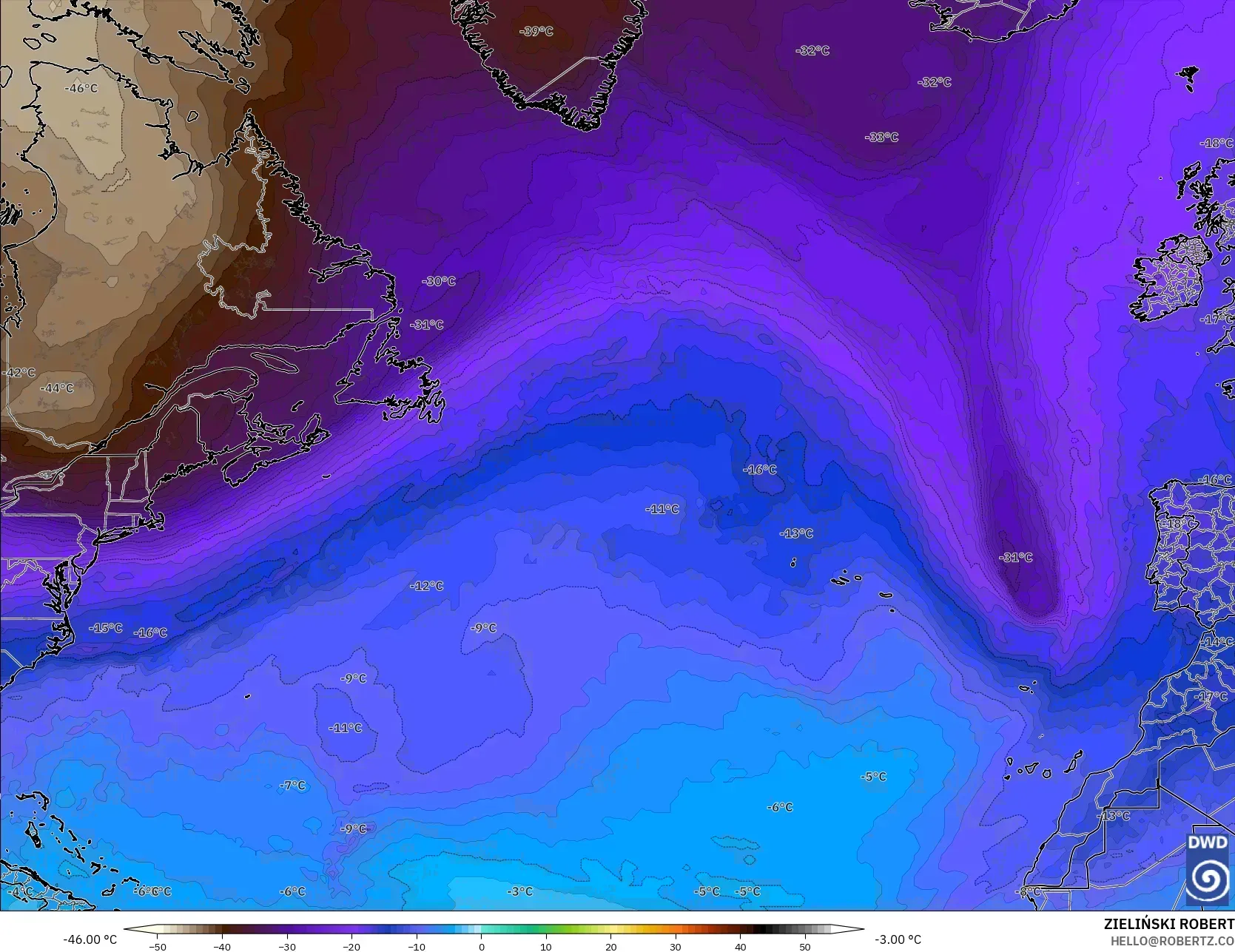 ICON modelo - Norte Atlántico, Temperatura a 500 hPa