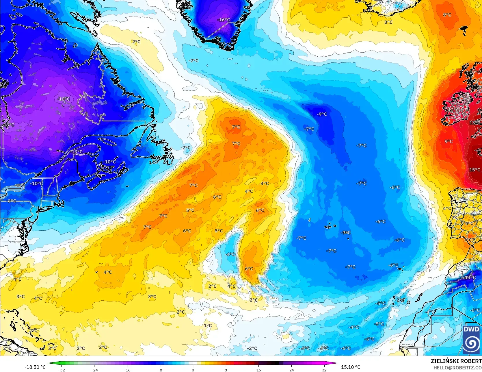 ICON modelo - Norte Atlántico, Anomalía de temperatura a 850 hPa