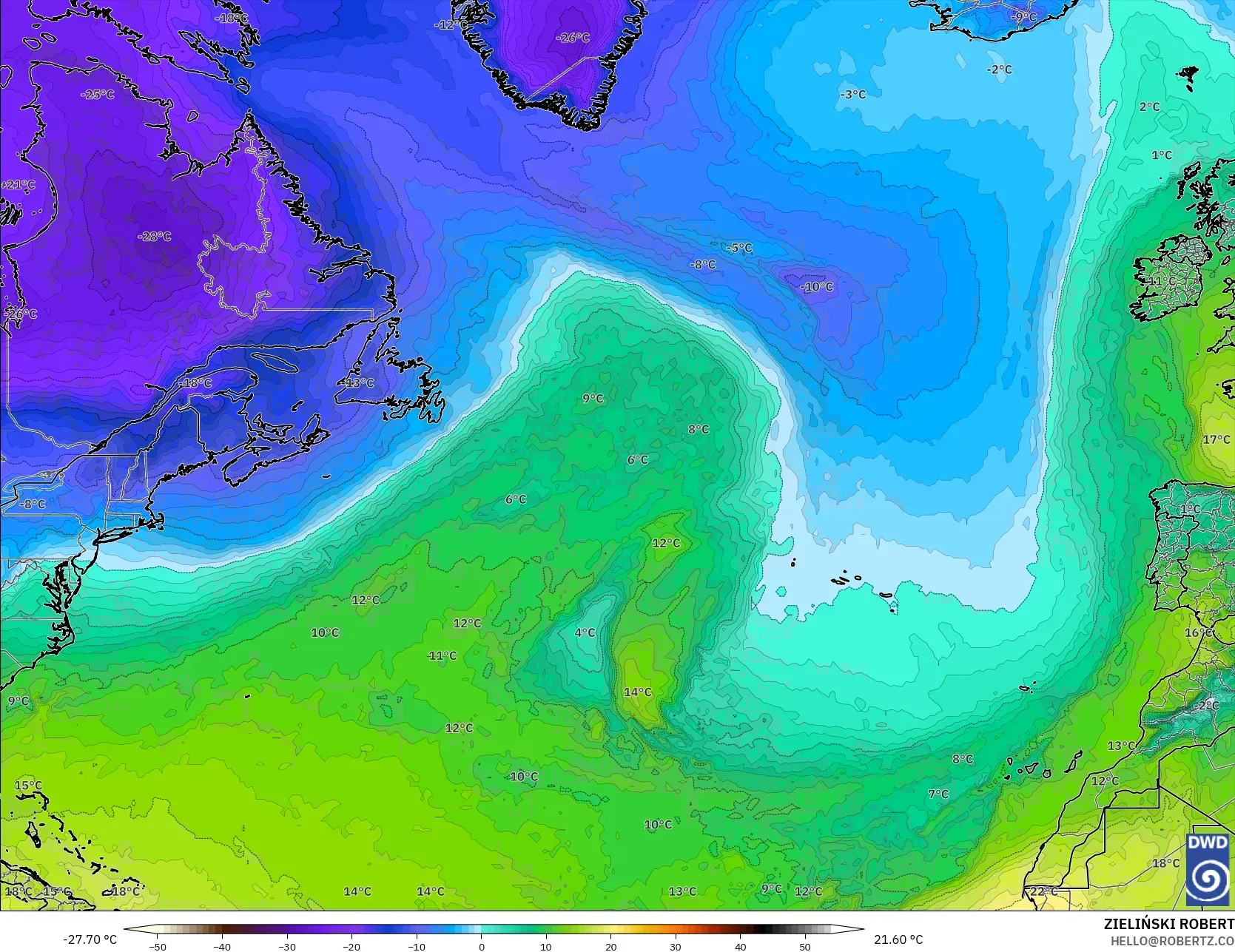 ICON modelo - Norte Atlántico, Temperatura a 850 hPa