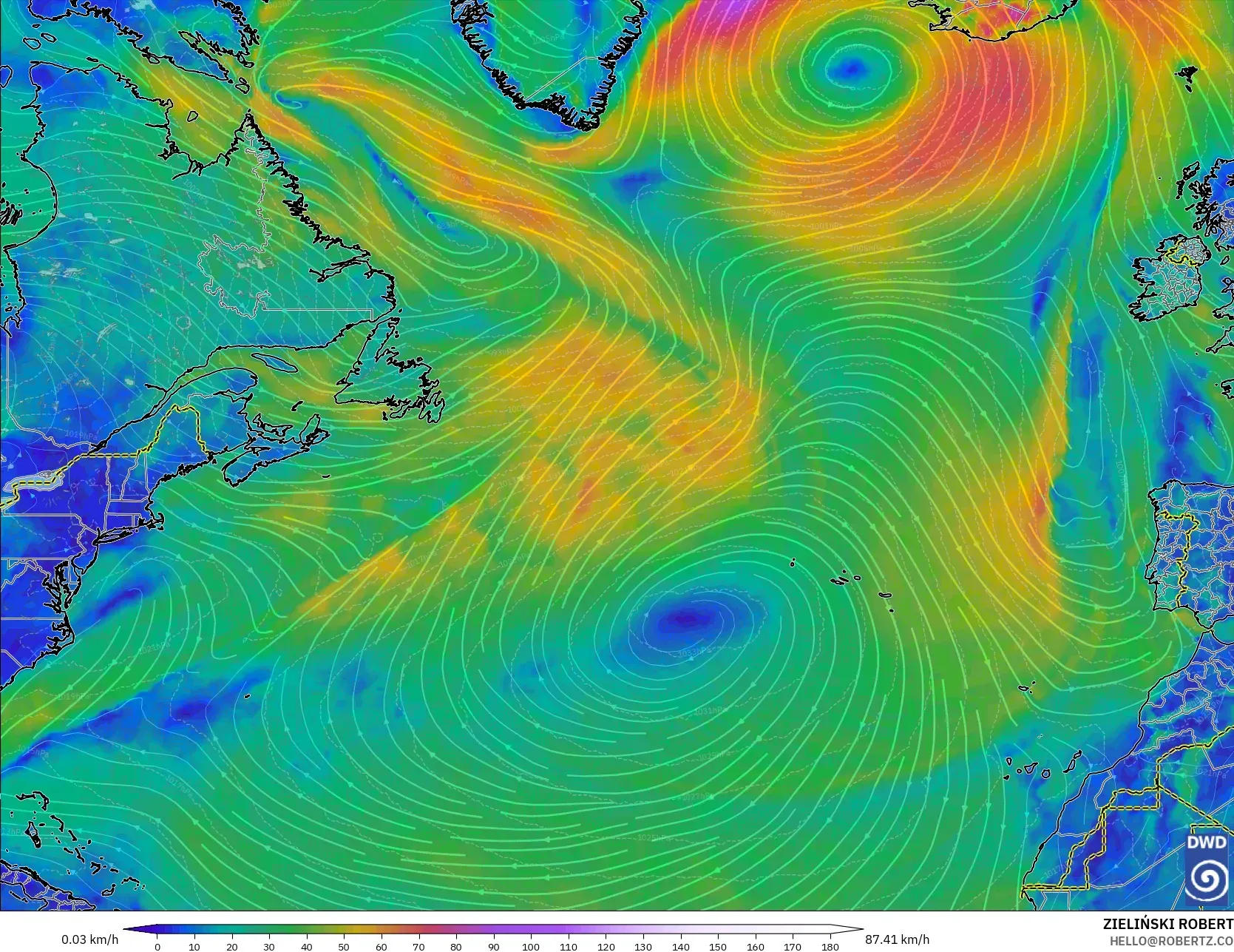 ICON modelo - Norte Atlántico, Viento a 10 m