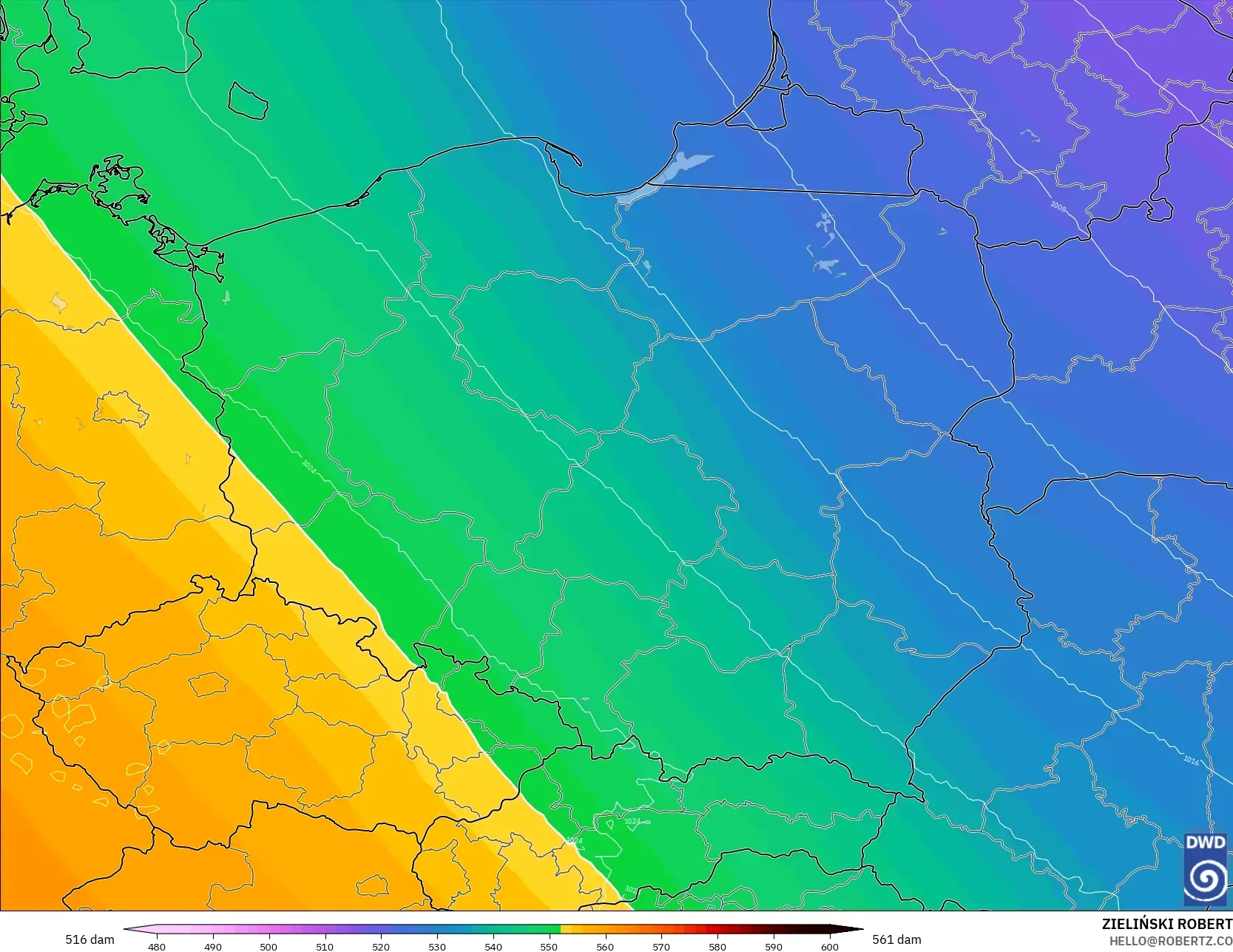 ICON modelo - Polonia, Altura geopotencial a 500 hPa