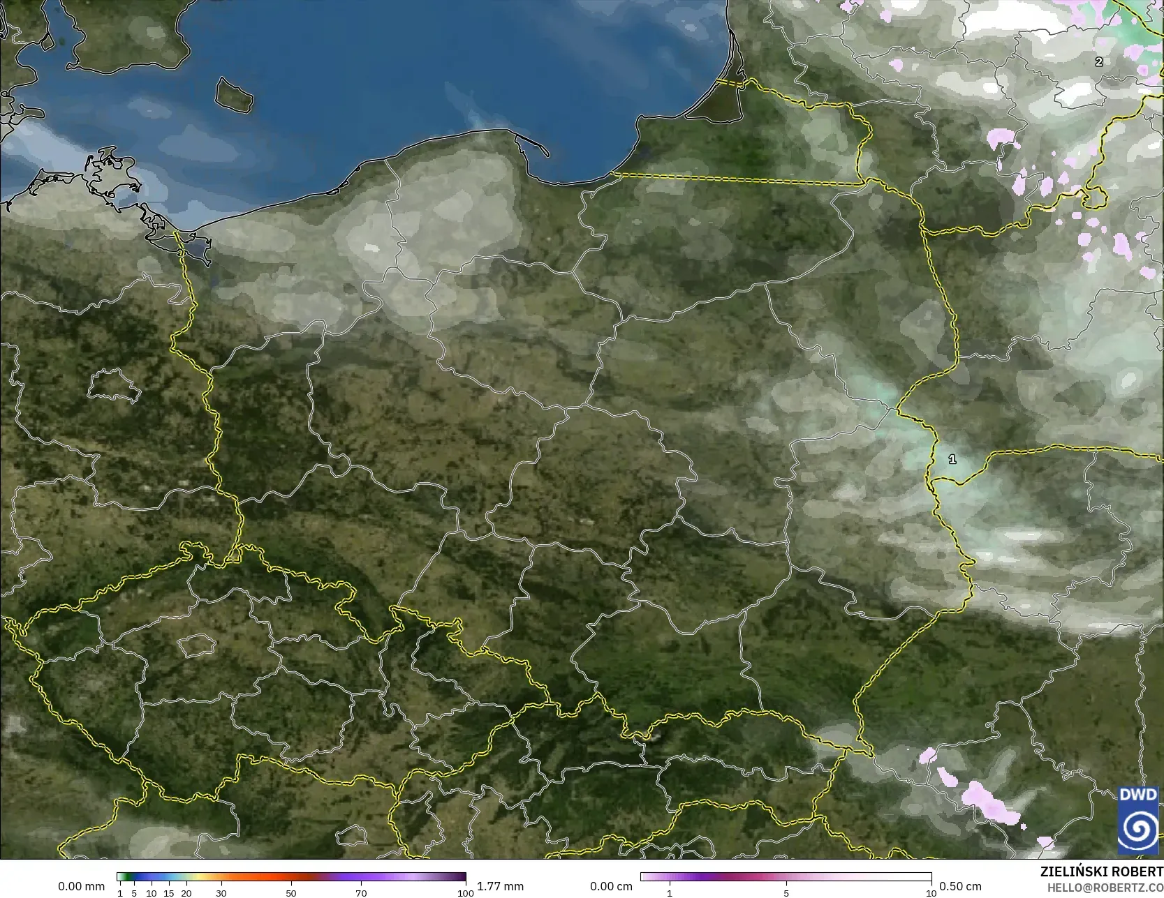 ICON modelo - Polonia, Precipitación, nubes y presión