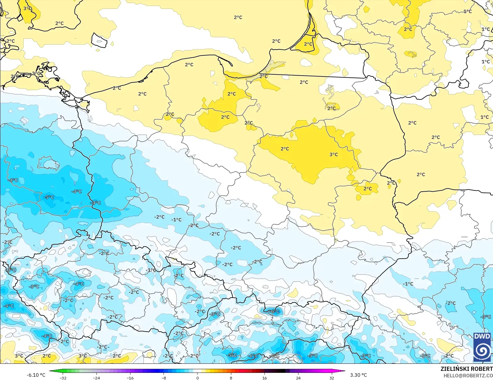 ICON modelo - Polonia, Anomalía de temperatura a 2 m