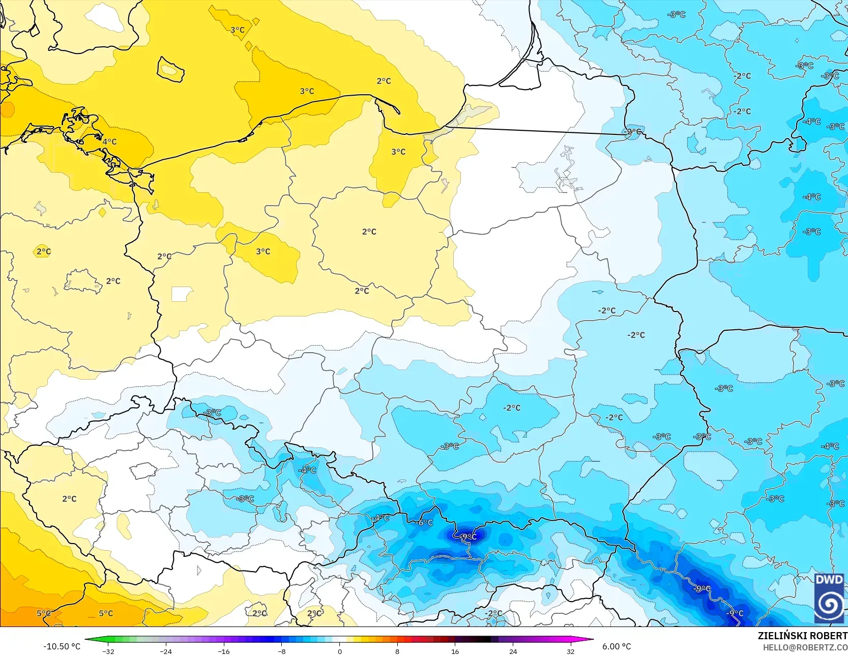 ICON modelo - Polonia, Anomalía de temperatura a 850 hPa