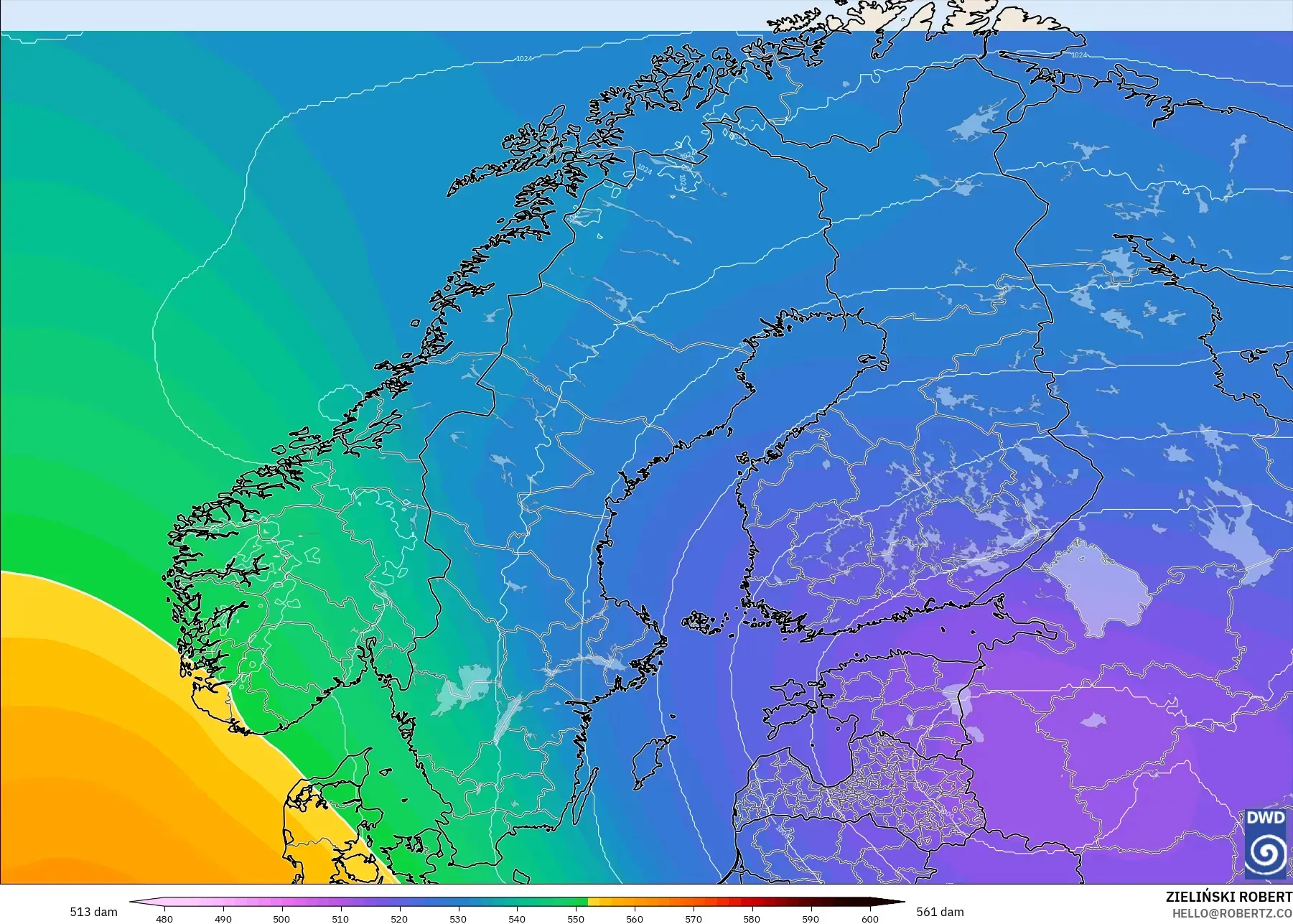 ICON modelo - Escandinavia, Altura geopotencial a 500 hPa