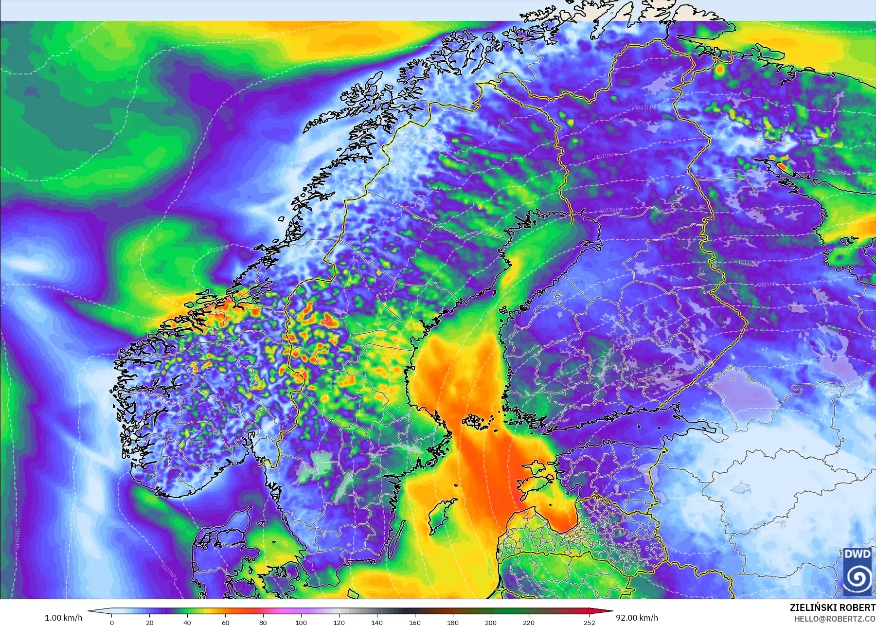 ICON modelo - Escandinavia, Ráfagas de Viento Máximas
