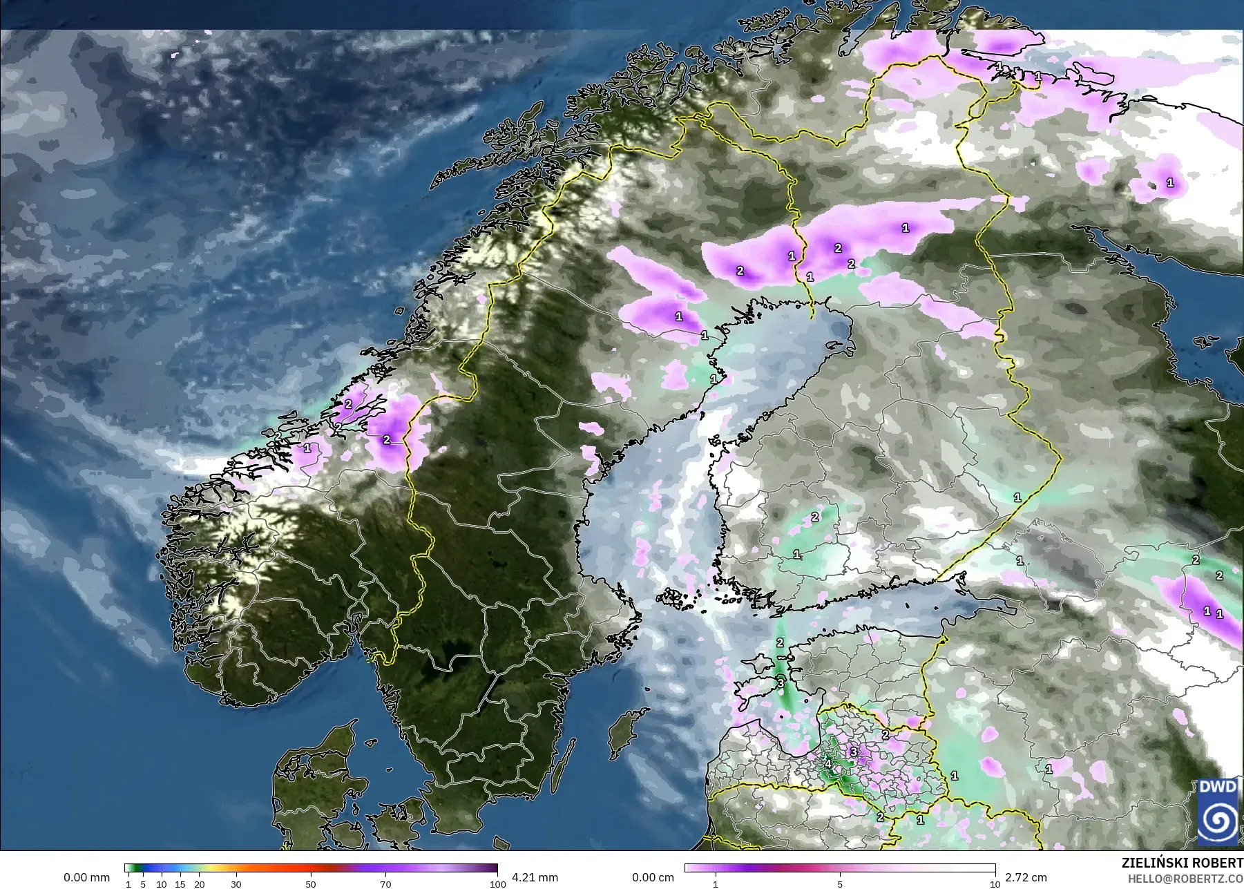 ICON modelo - Escandinavia, Precipitación, nubes y presión