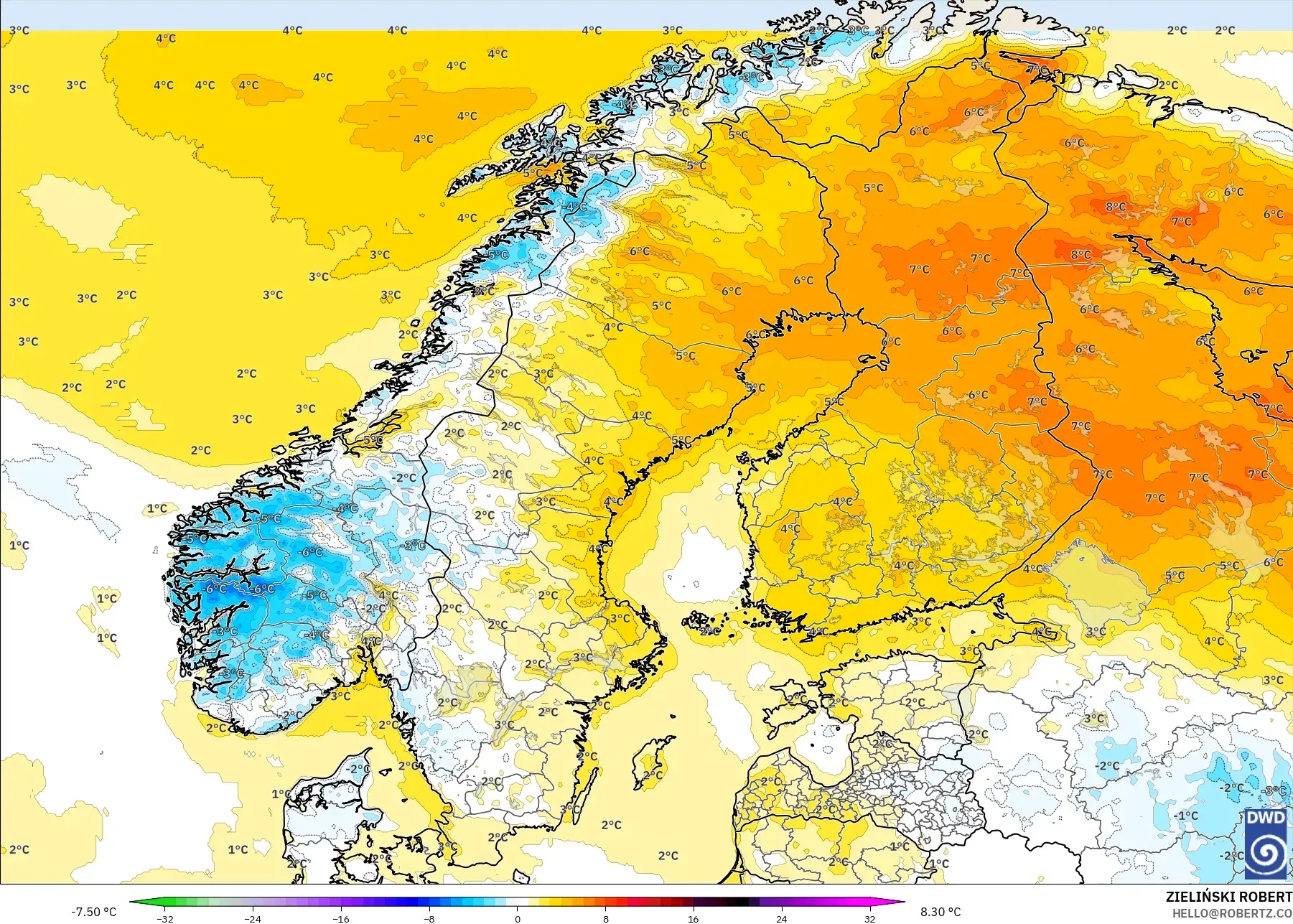 ICON modelo - Escandinavia, Anomalía de temperatura a 2 m