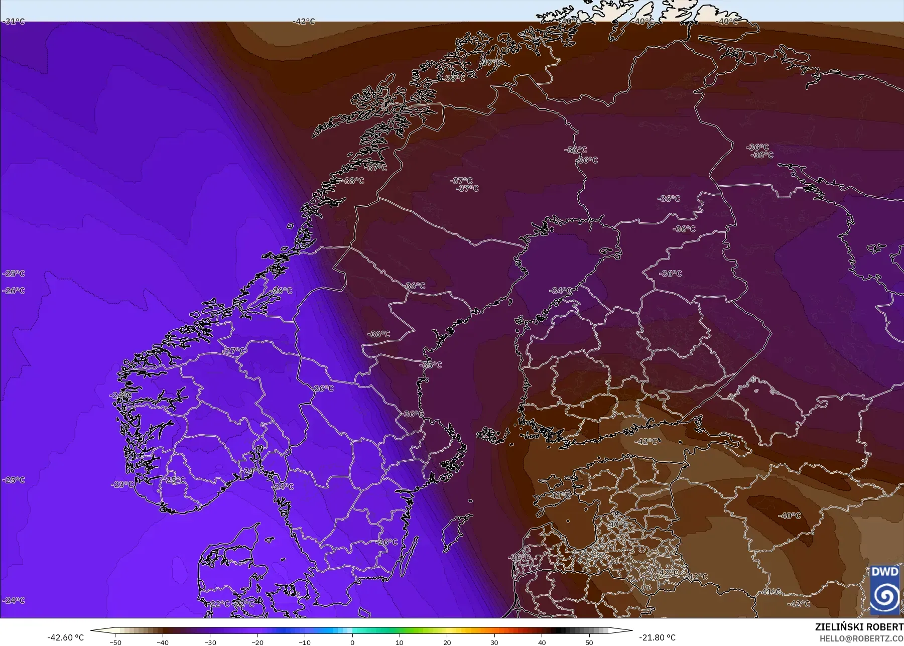 ICON modelo - Escandinavia, Temperatura a 500 hPa