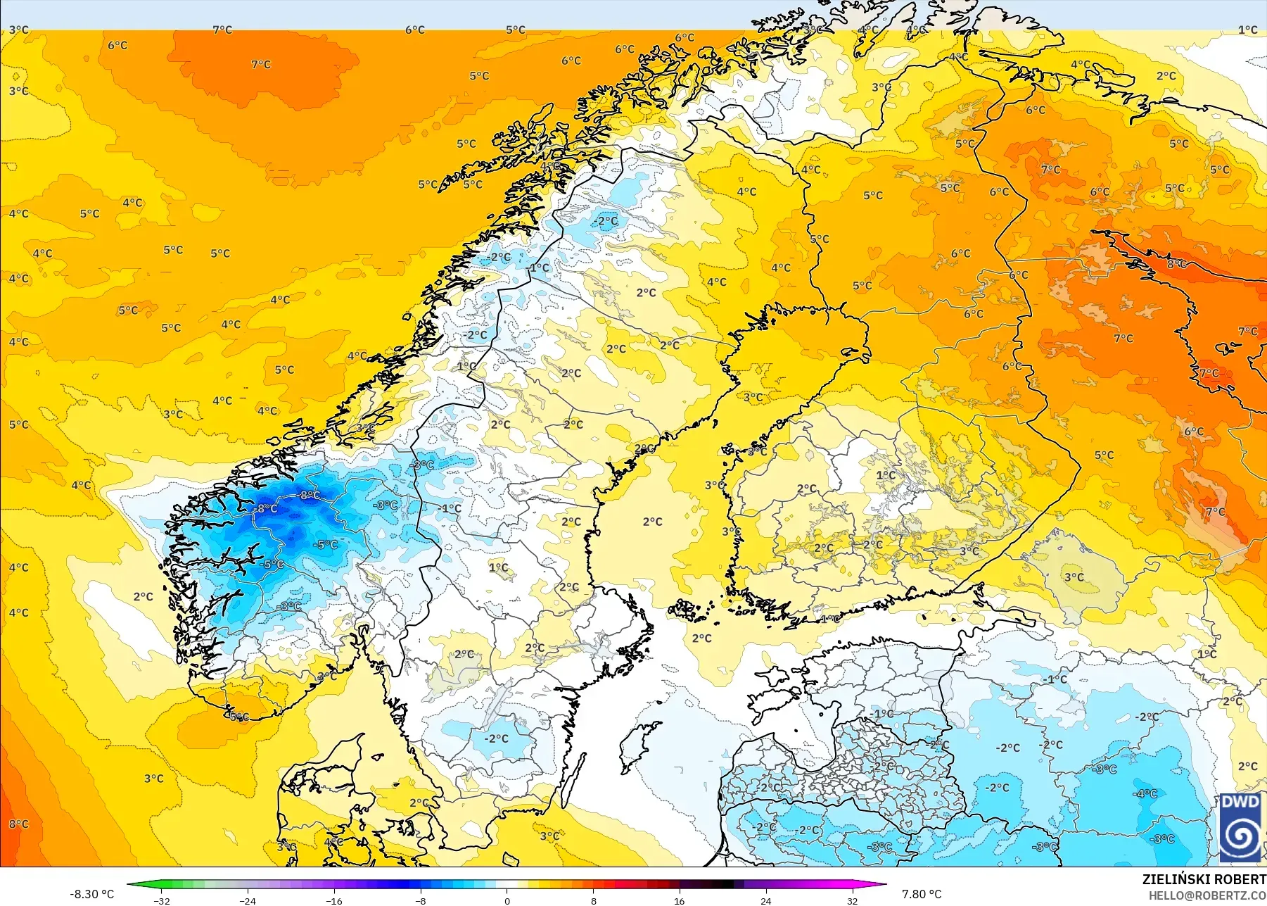 ICON modelo - Escandinavia, Anomalía de temperatura a 850 hPa