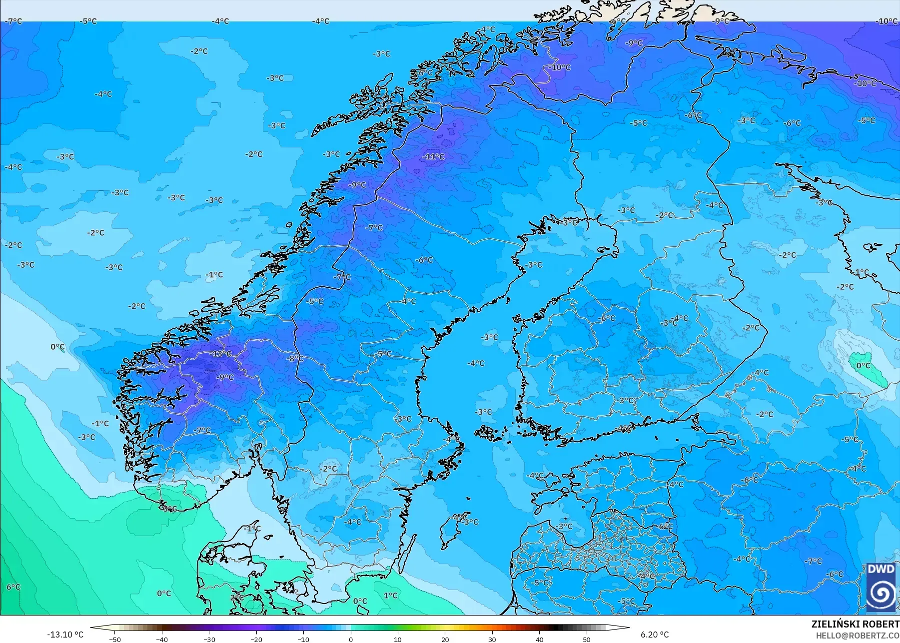 ICON modelo - Escandinavia, Temperatura a 850 hPa