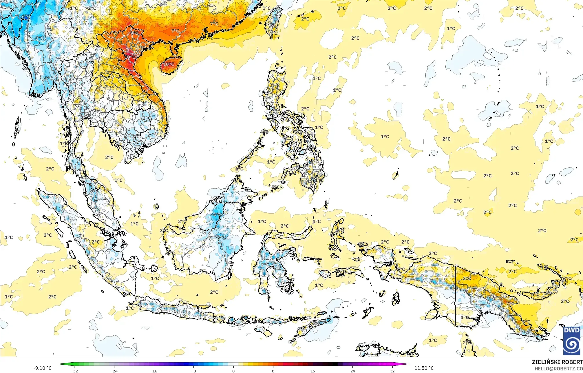 ICON modelo - Sudeste Asiático, Anomalía de temperatura a 2 m