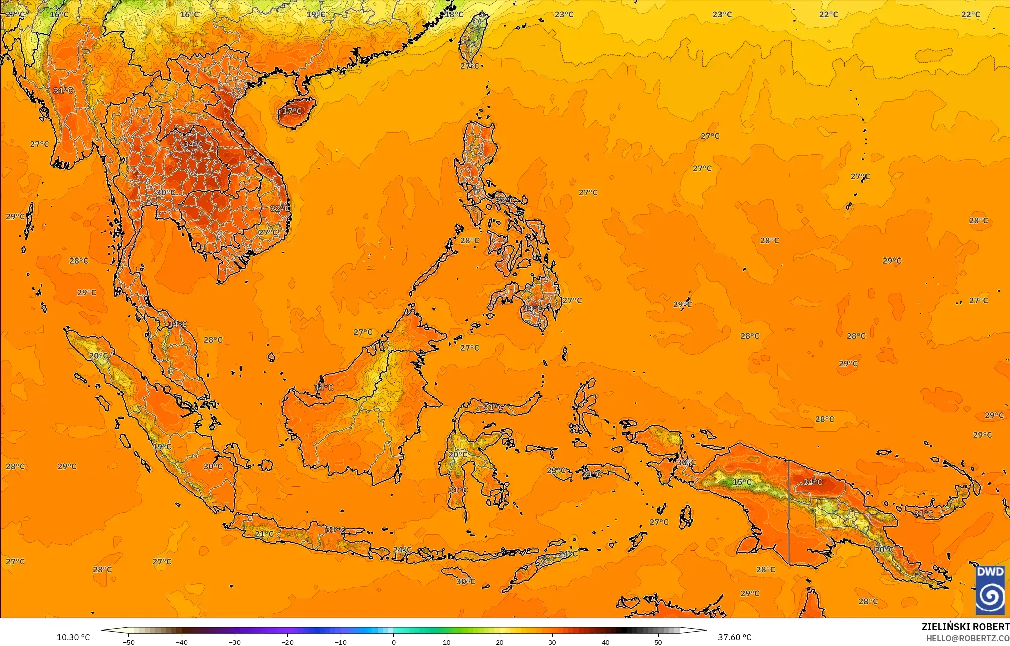 ICON modelo - Sudeste Asiático, Temperatura a 2 m
