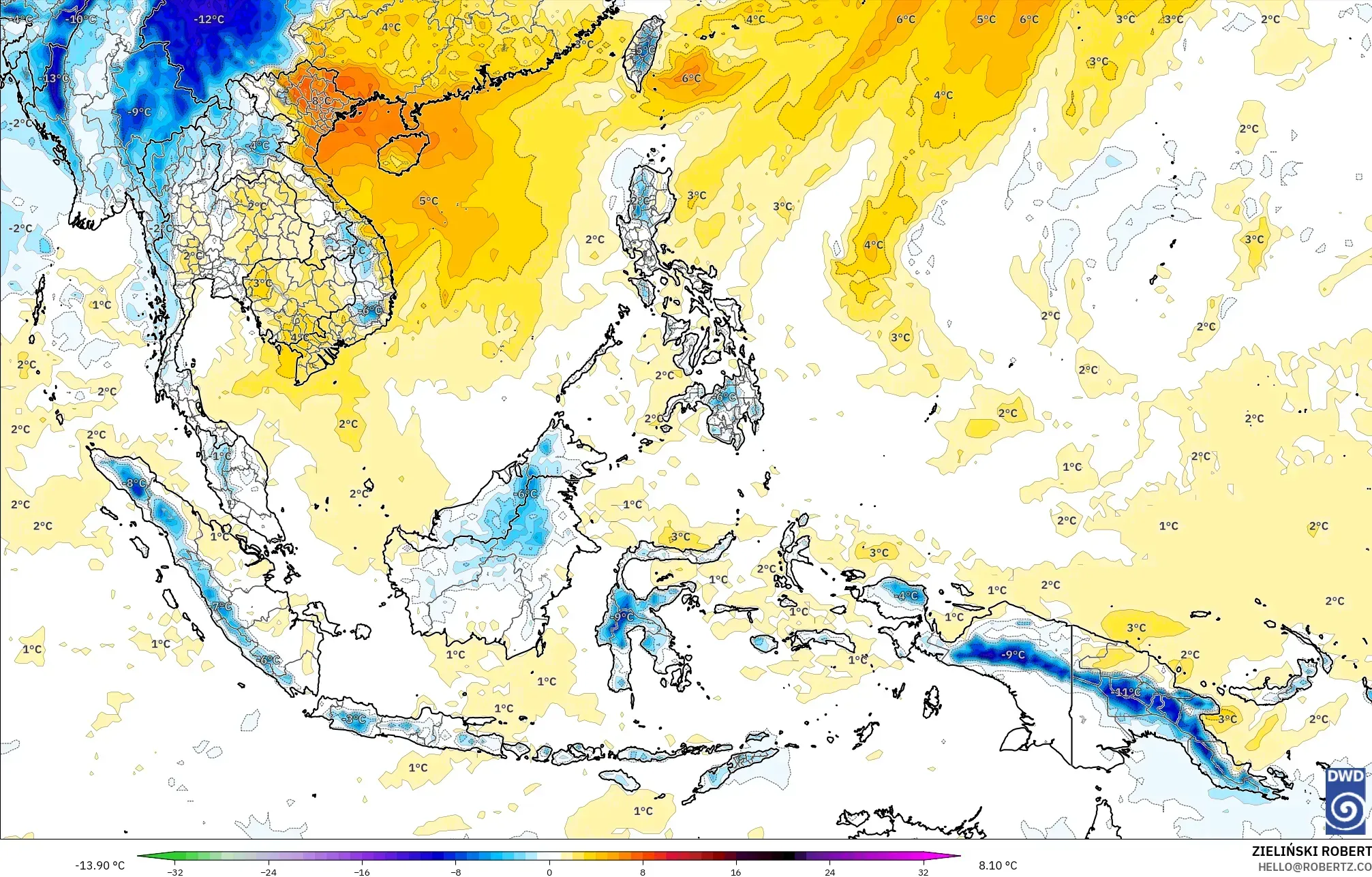 ICON modelo - Sudeste Asiático, Anomalía de temperatura a 850 hPa