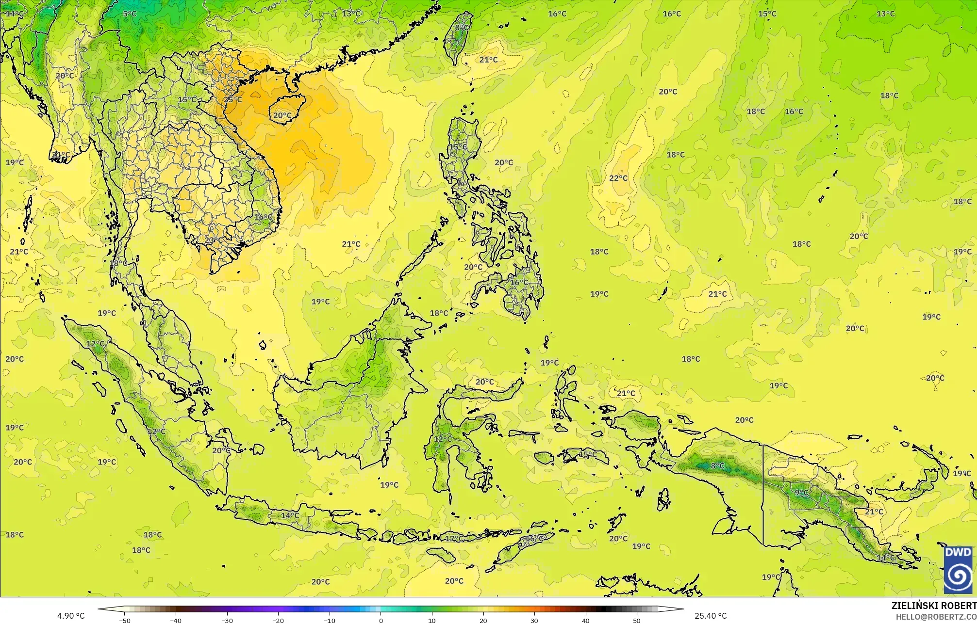 ICON modelo - Sudeste Asiático, Temperatura a 850 hPa