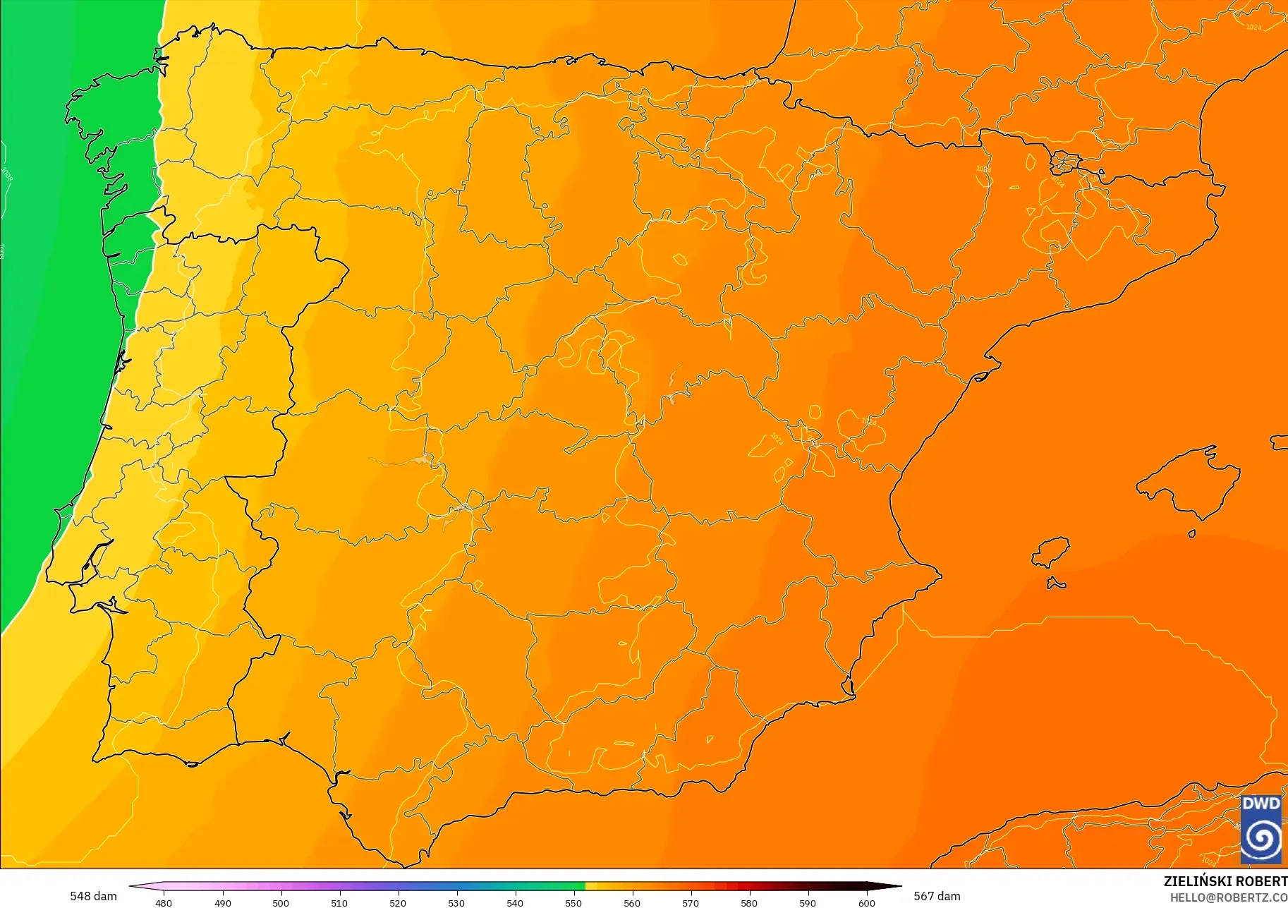 ICON modelo - España, Altura geopotencial a 500 hPa