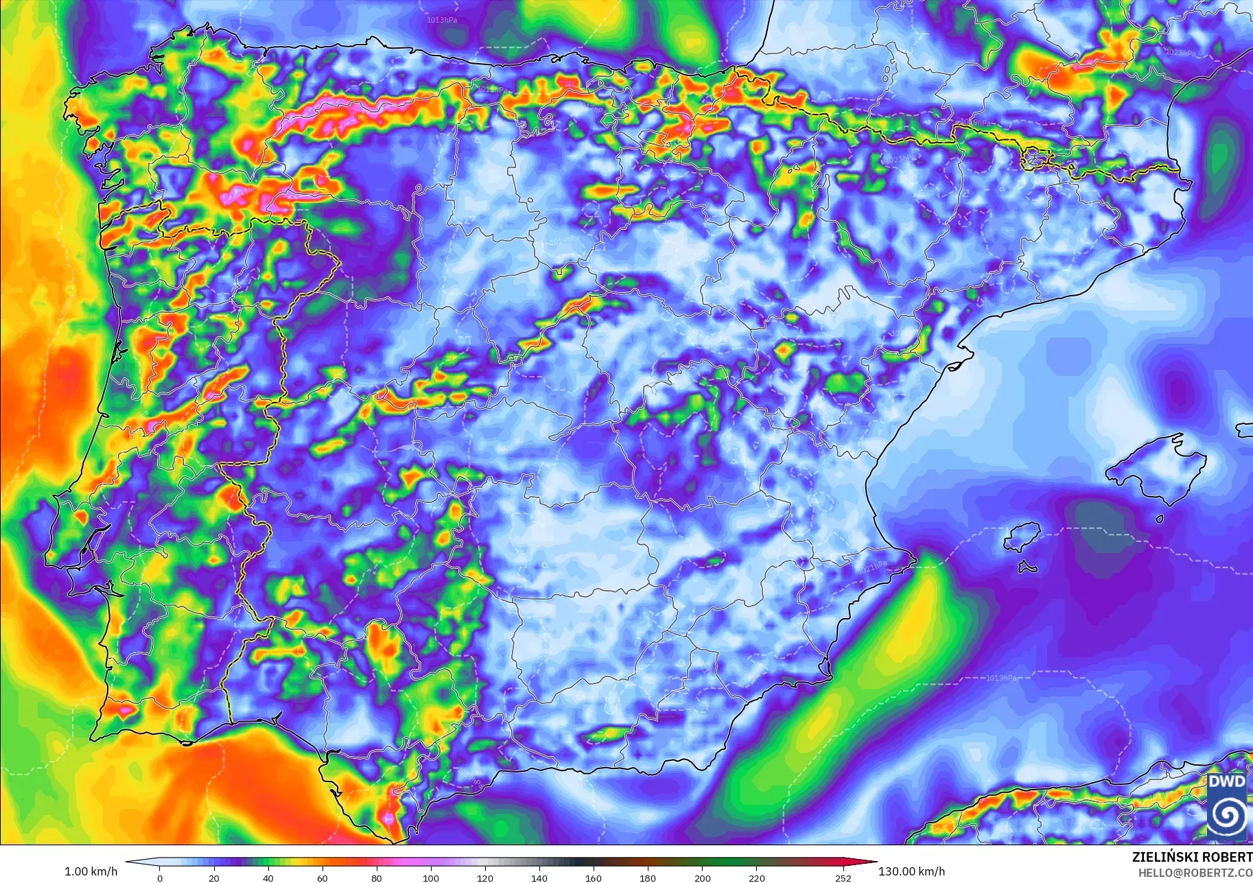 ICON modelo - España, Ráfagas de viento