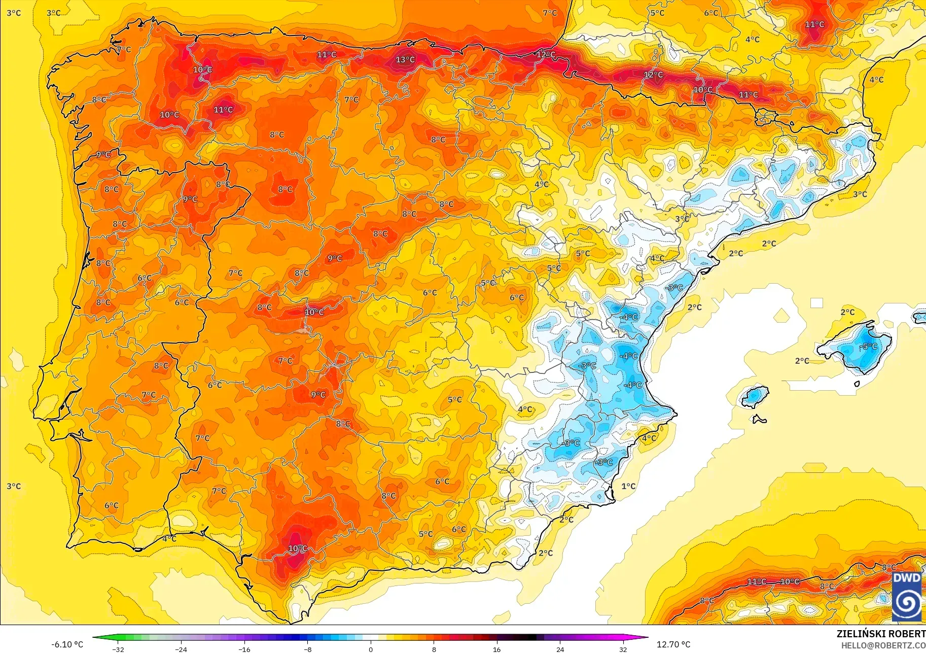 ICON modelo - España, Anomalía de temperatura a 2 m