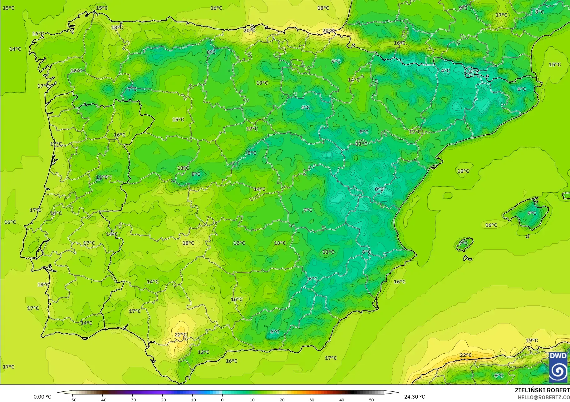 ICON modelo - España, Temperatura a 2 m
